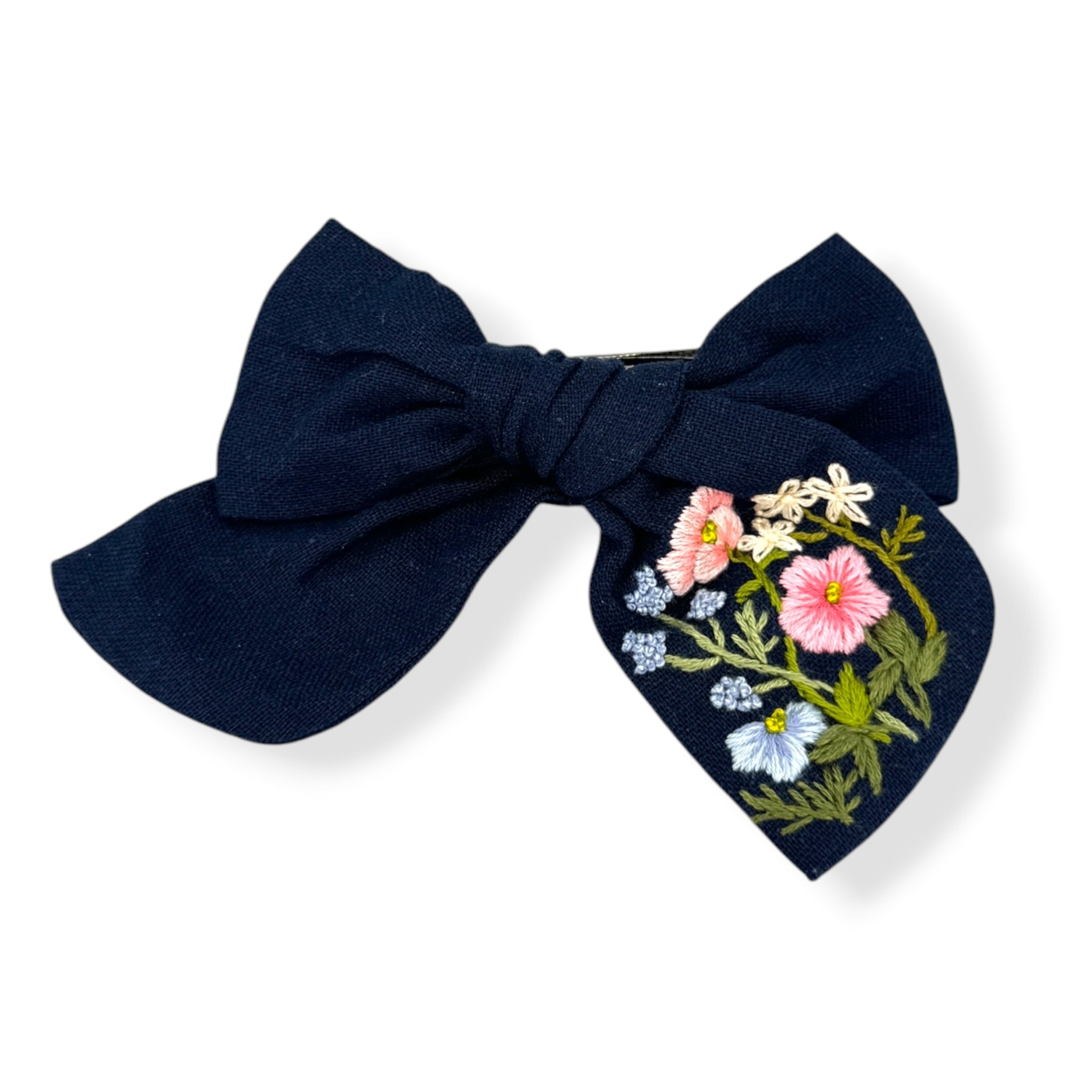 Pink Floral Hand-Embroidered Navy Hair Bow