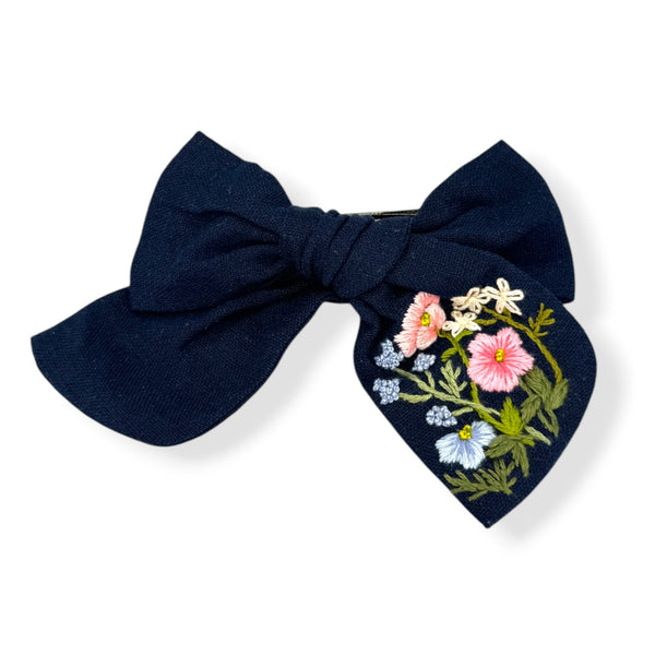 Navy and Bronze Floral Satin Hair Bow with Decorative Brooches Hyacinth hair bows and earrings? main image 3