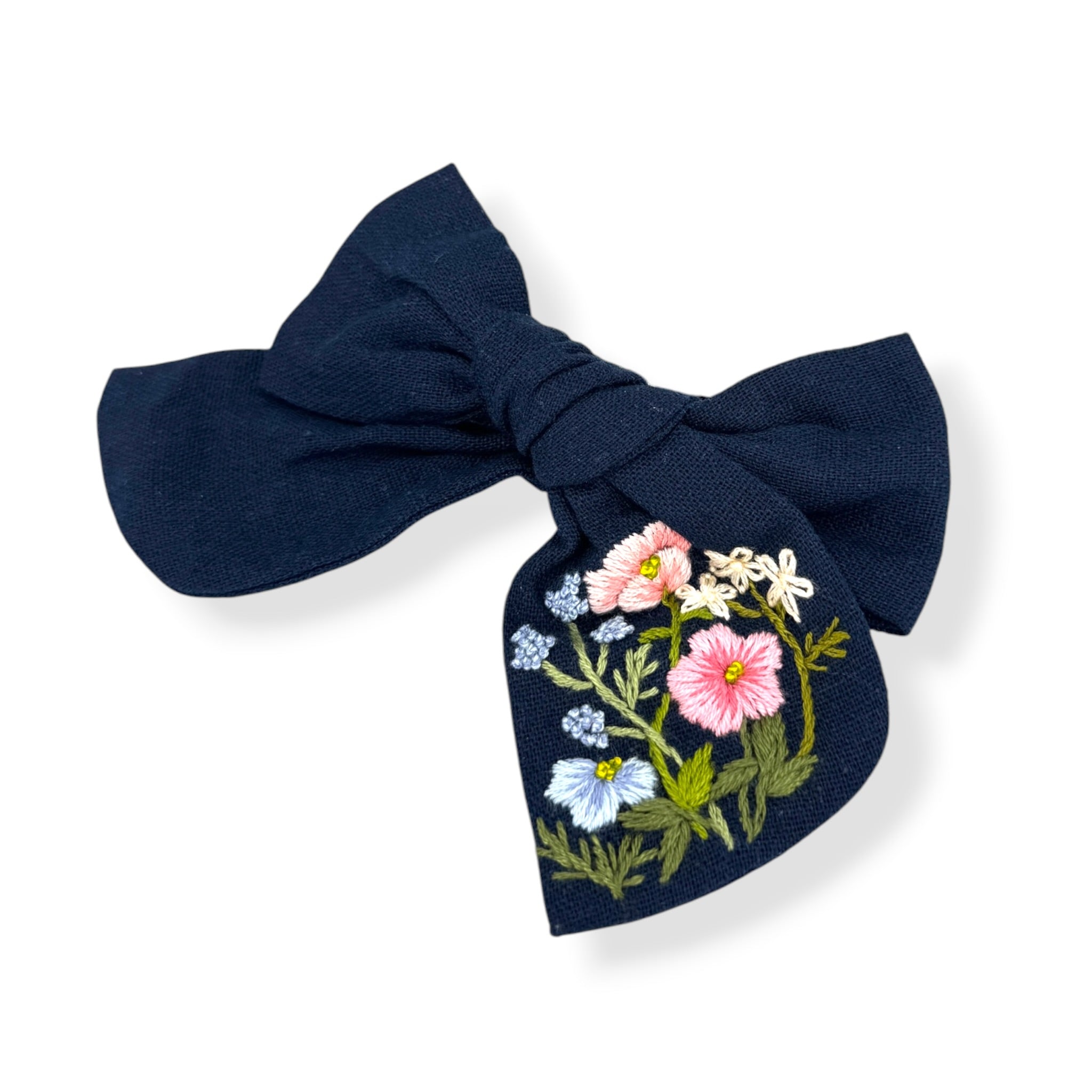 Pink Floral Hand-Embroidered Navy Hair Bow