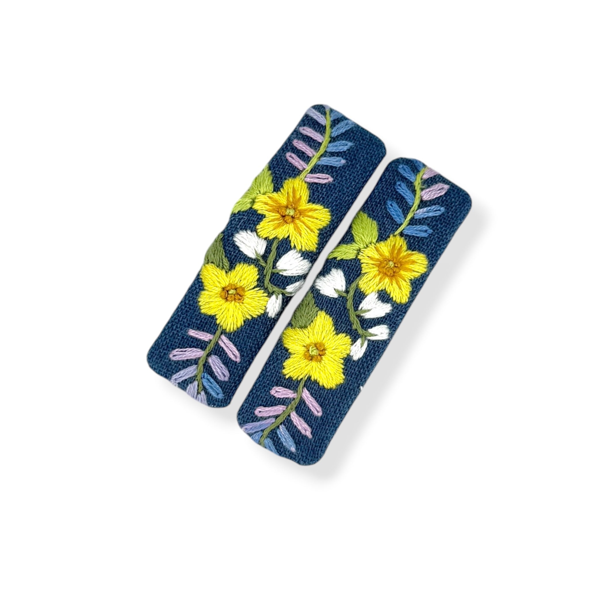 Daisy Lily Embroidery Blue Hair Clips
