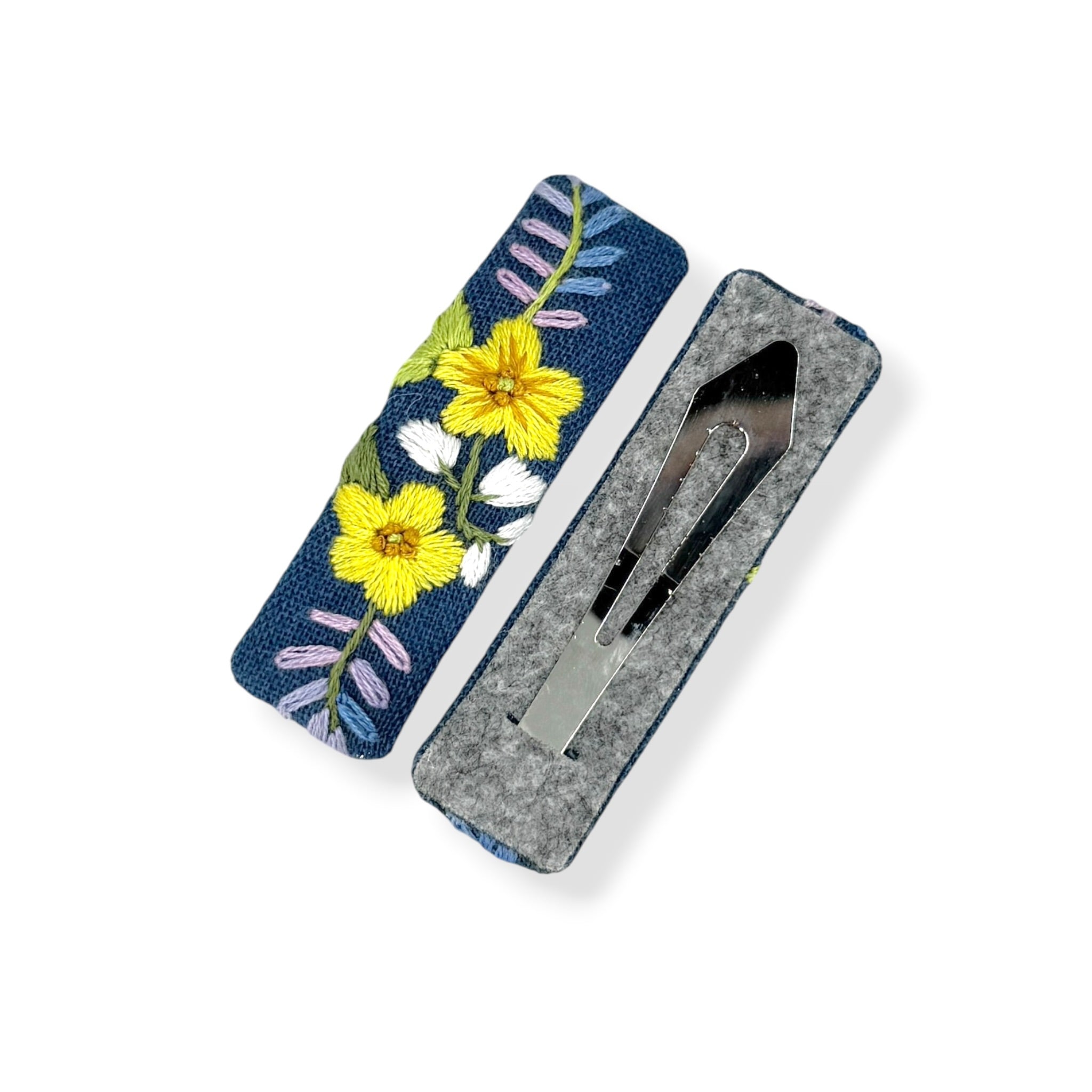 Daisy Lily Embroidery Blue Hair Clips
