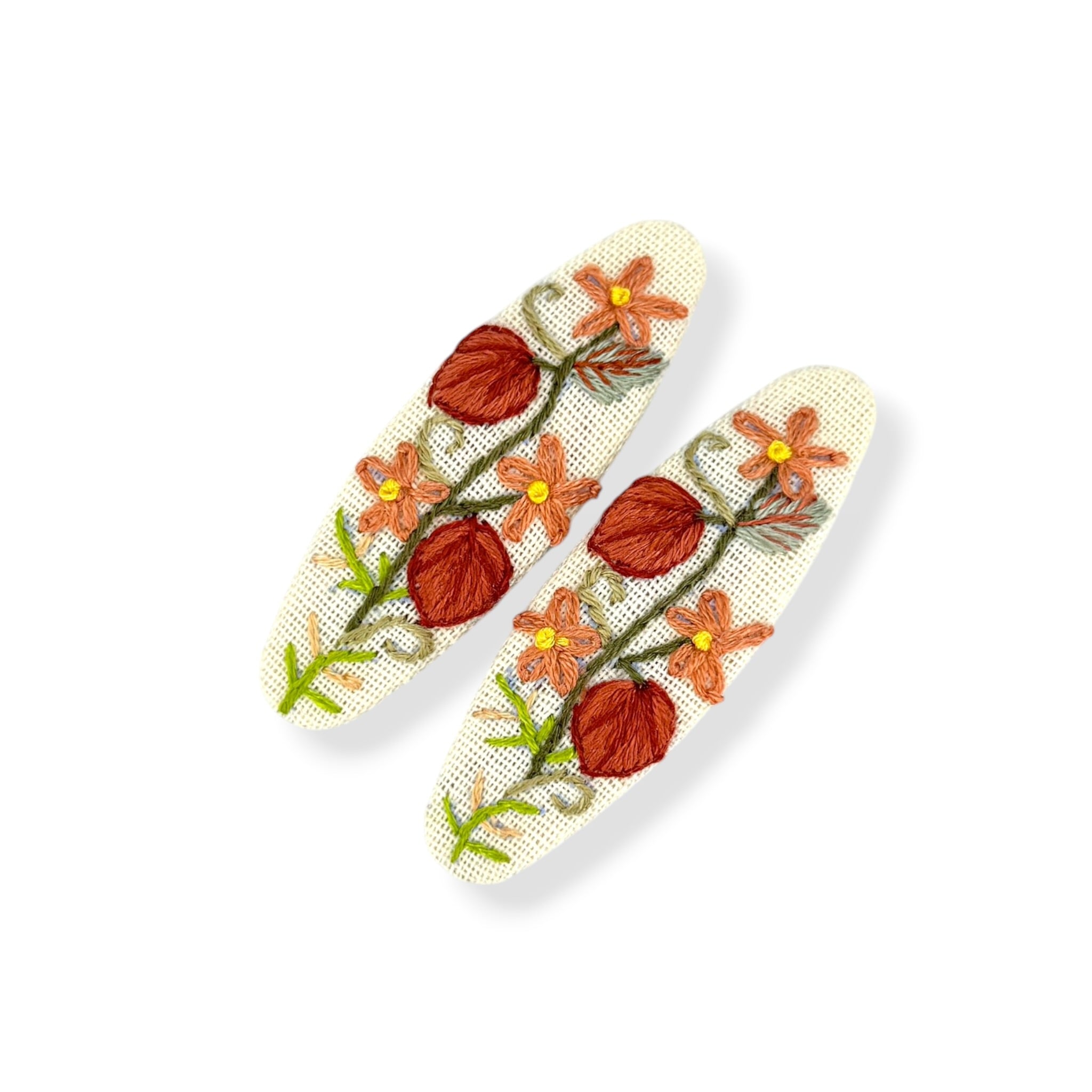 Red Leaves Embroidery Off White Hair Clips