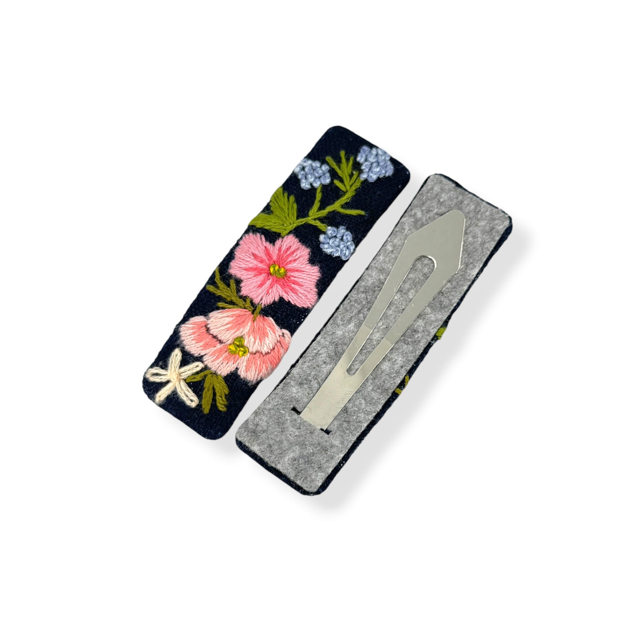 Pink Floral Embroidery Navy Hair Clips