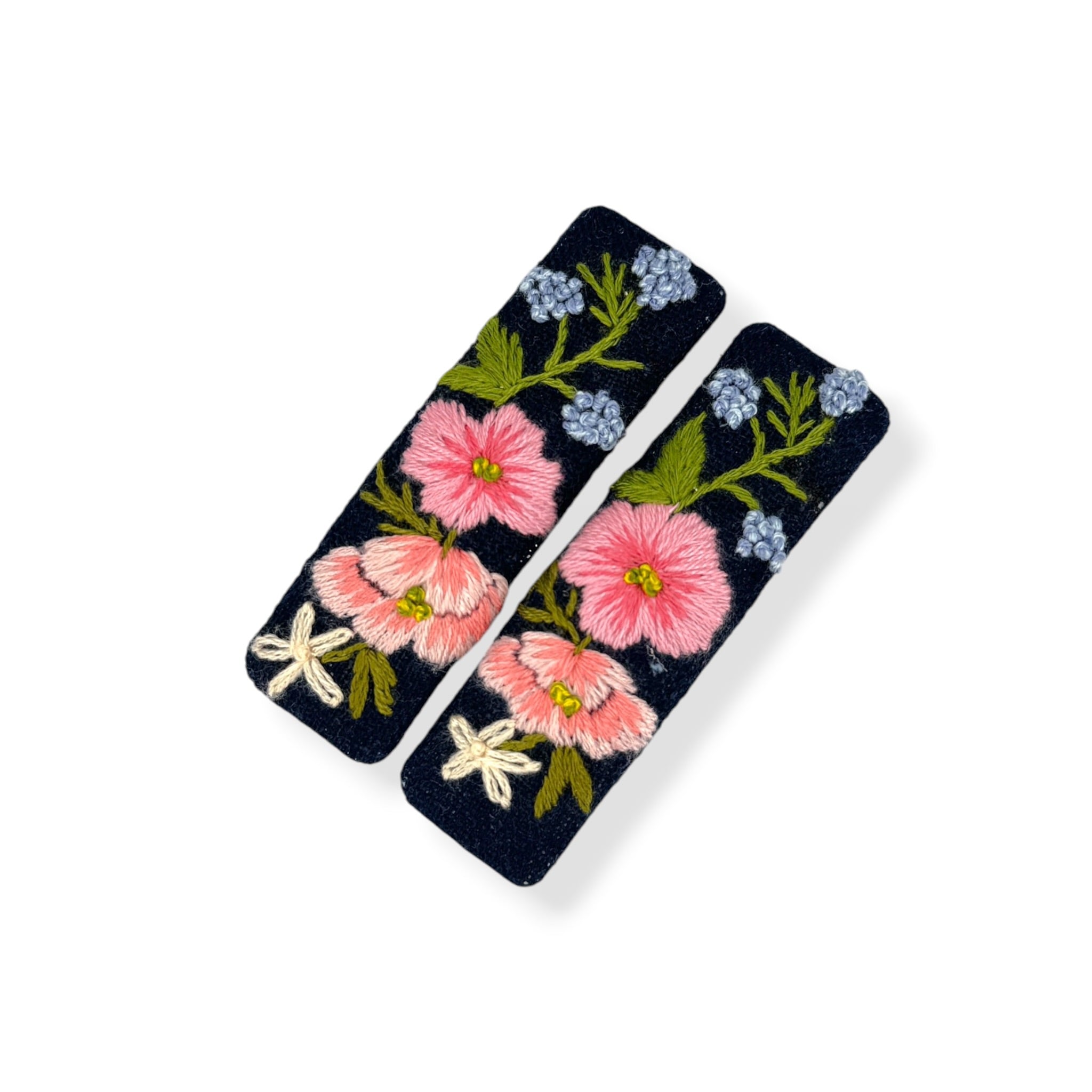 Pink Floral Embroidery Navy Hair Clips