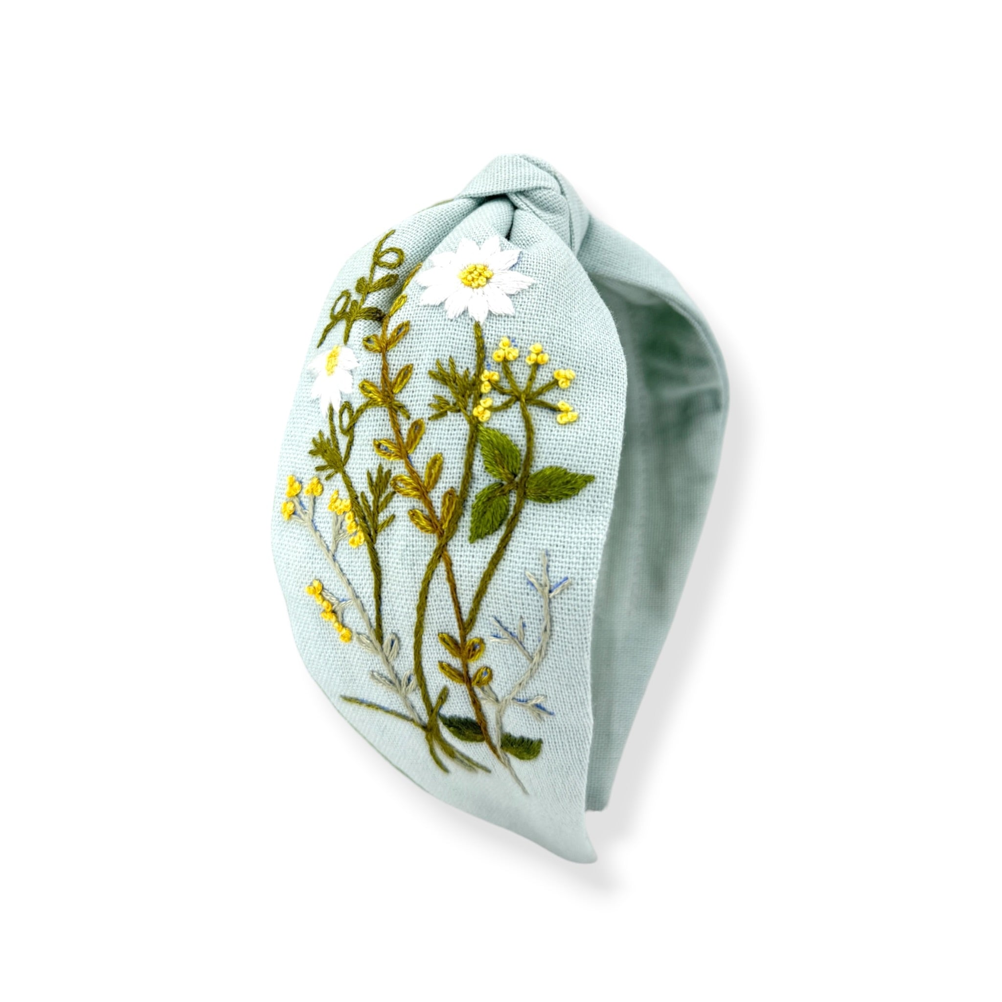 White Daisy Hand Embroidered Sky Blue Bow Headband