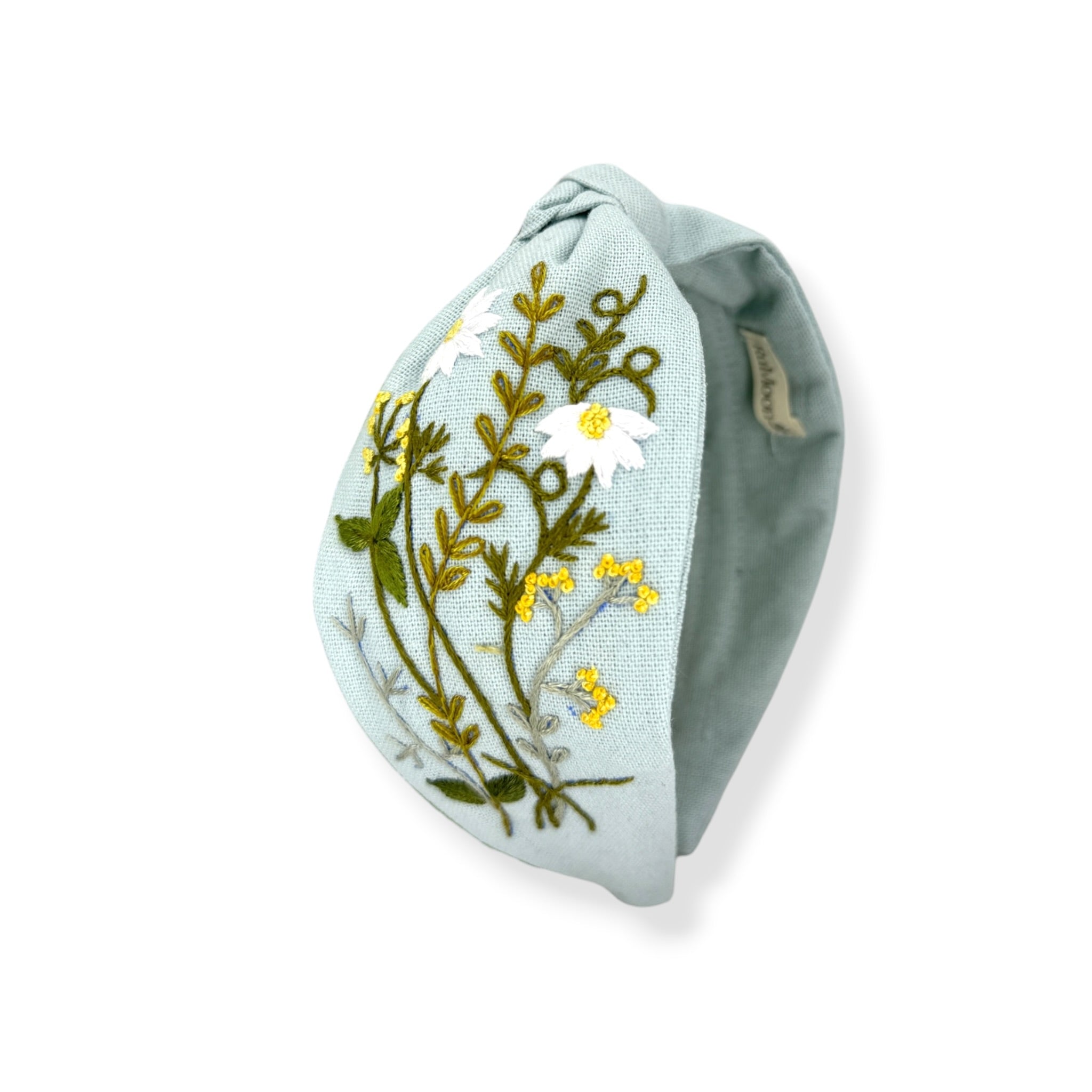 White Daisy Hand Embroidered Sky Blue Bow Headband