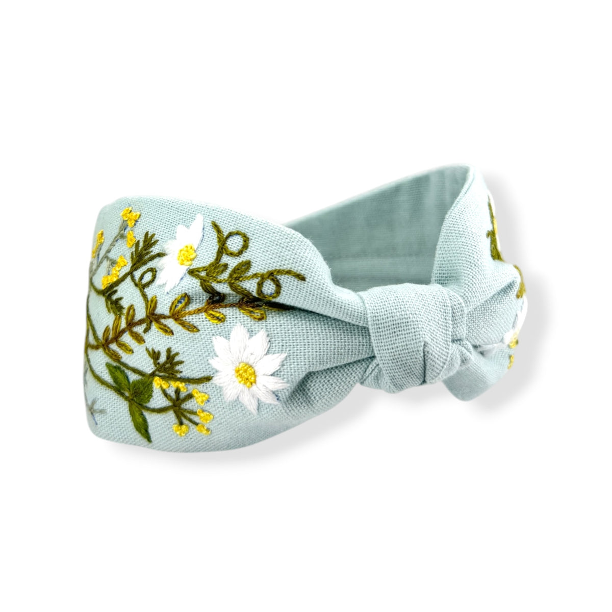 White Daisy Hand Embroidered Sky Blue Bow Headband