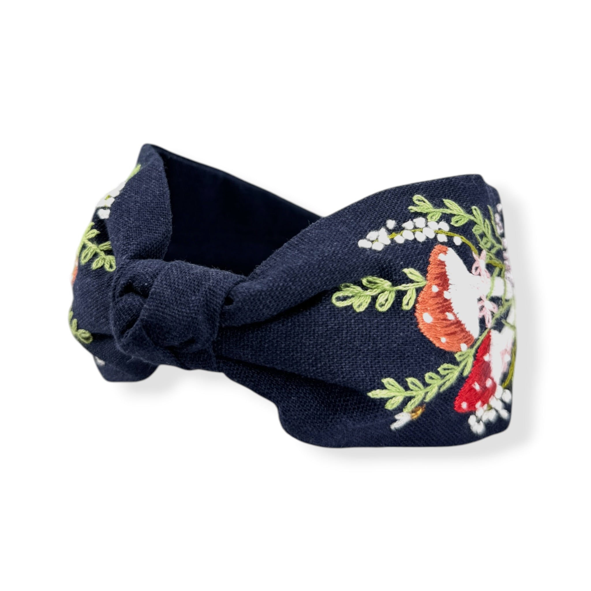 Mushroom Hand Embroidered Navy Knot Headband