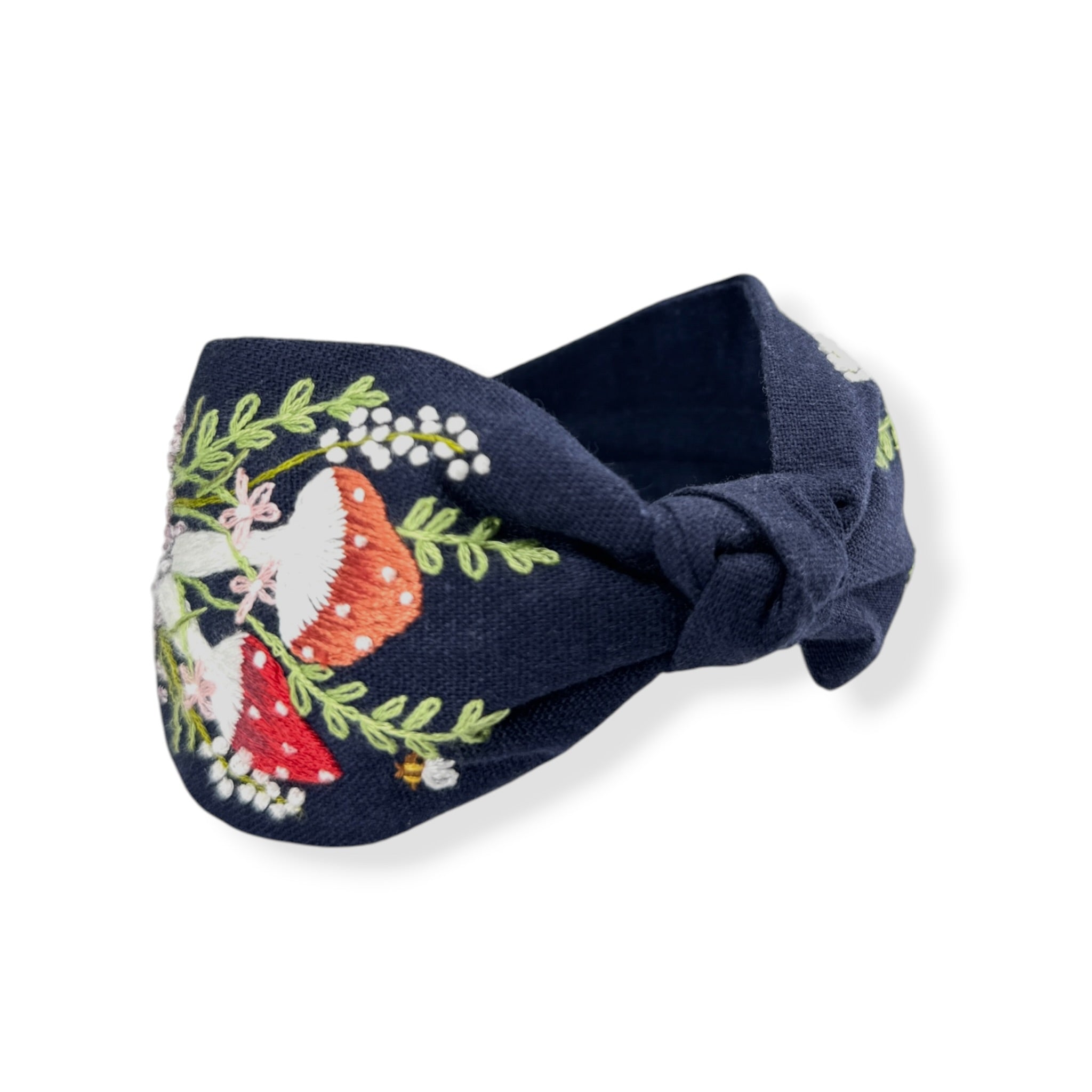 Mushroom Hand Embroidered Navy Knot Headband