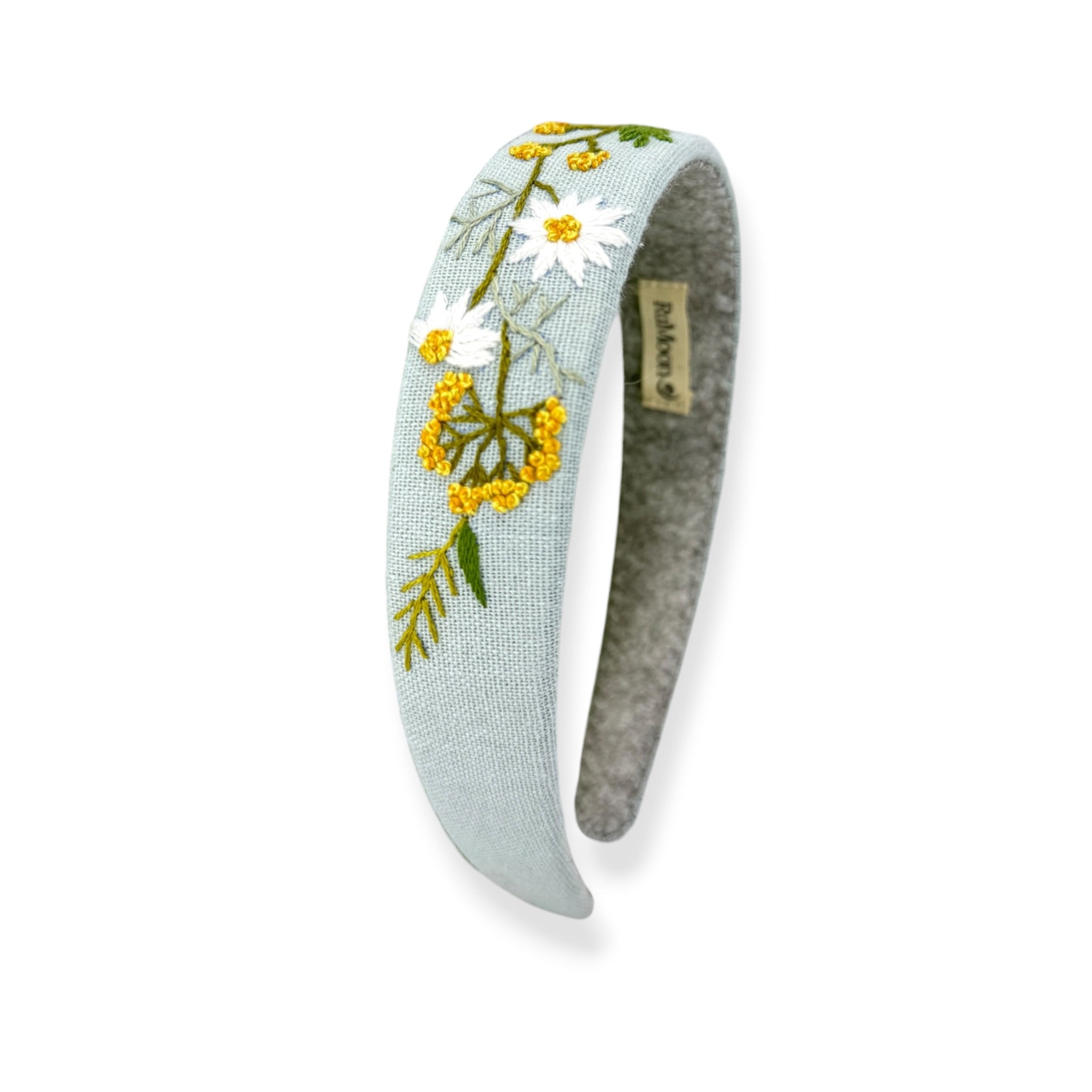 White Daisy Embroidered Sky Blue Headband
