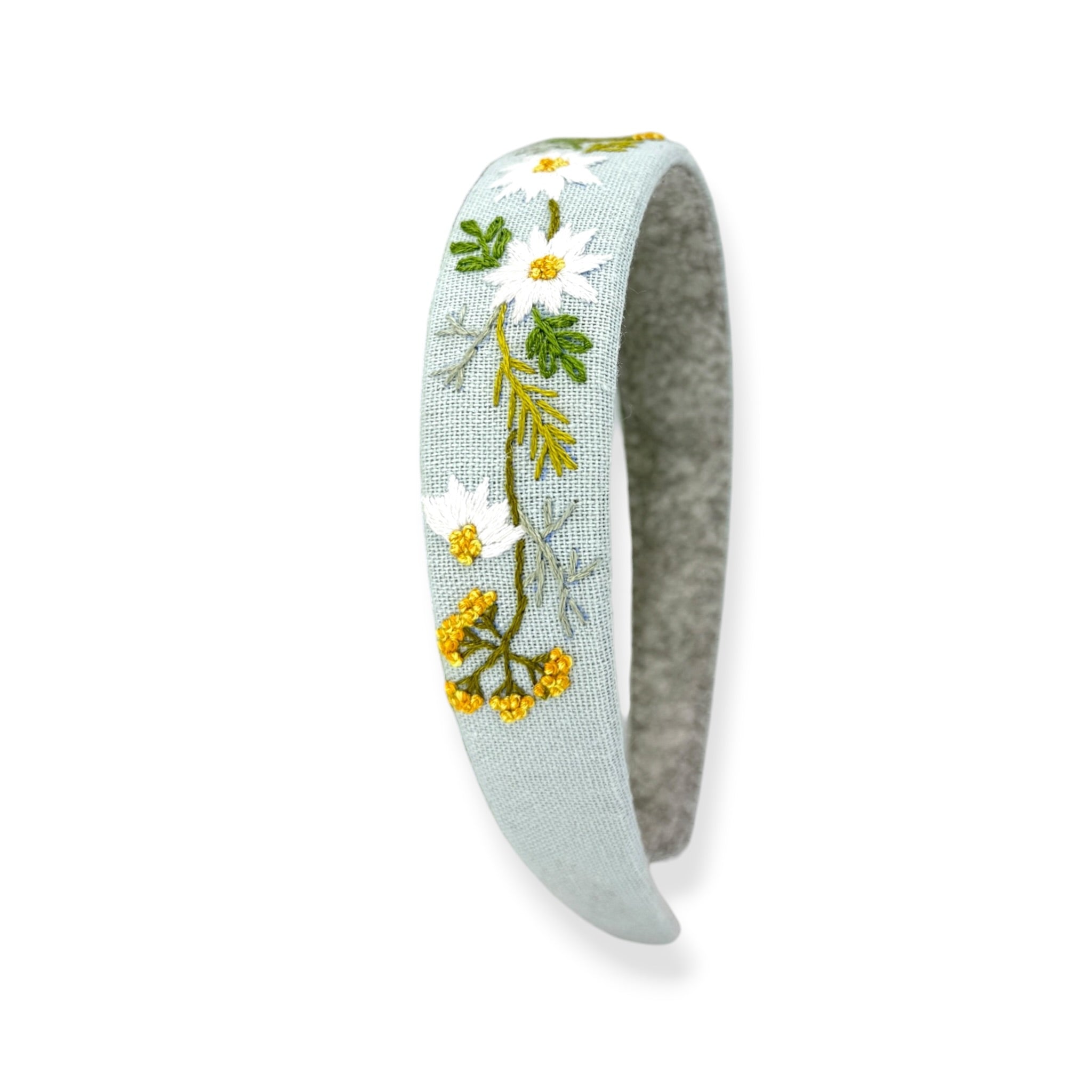 White Daisy Embroidered Sky Blue Headband
