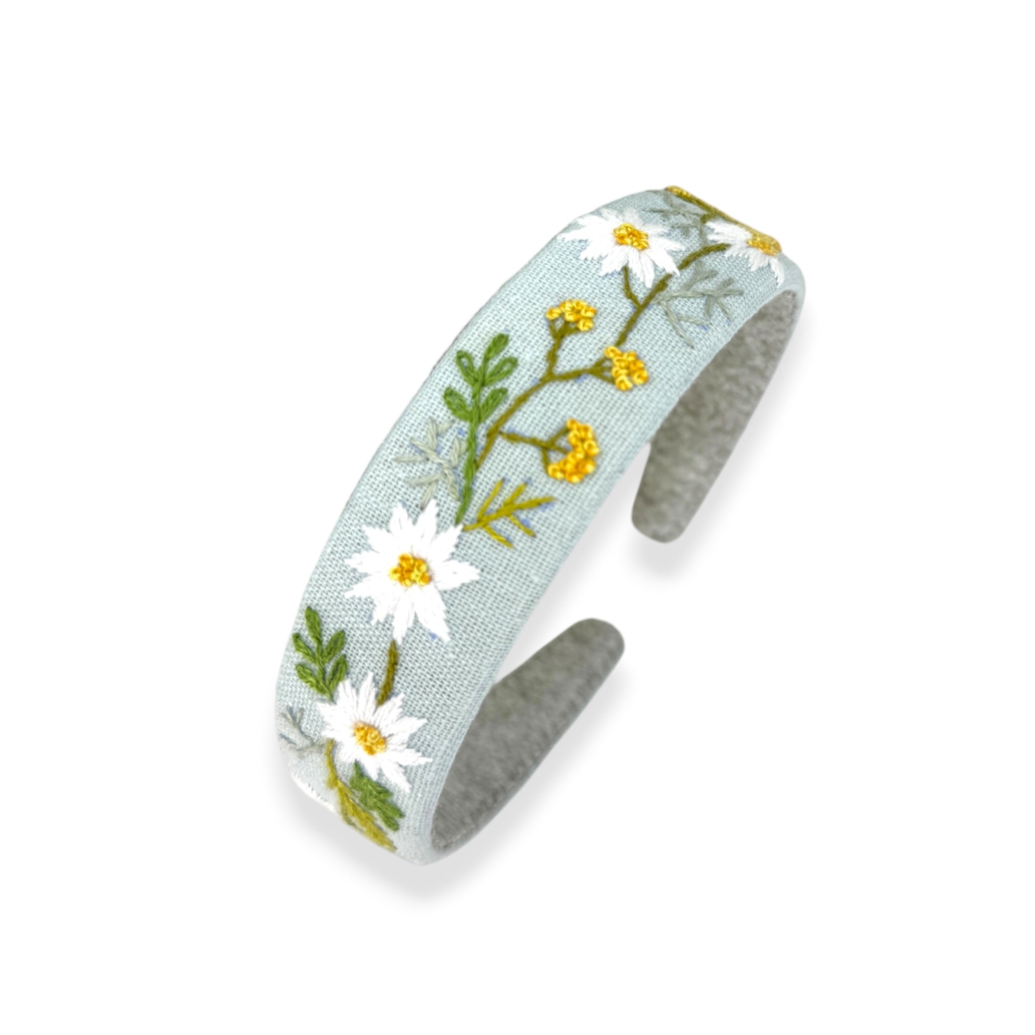 White Daisy Embroidered Sky Blue Headband