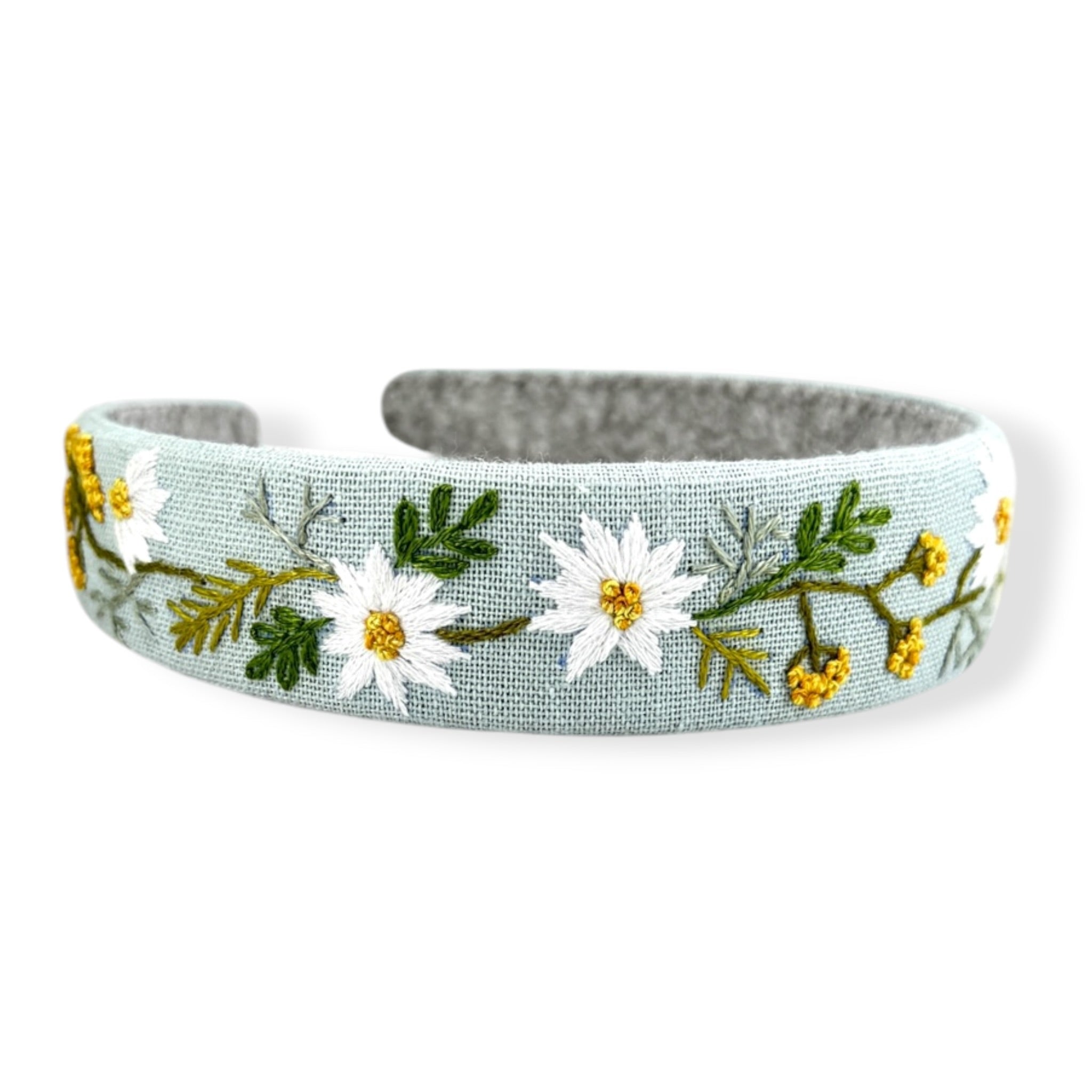 White Daisy Embroidered Sky Blue Headband