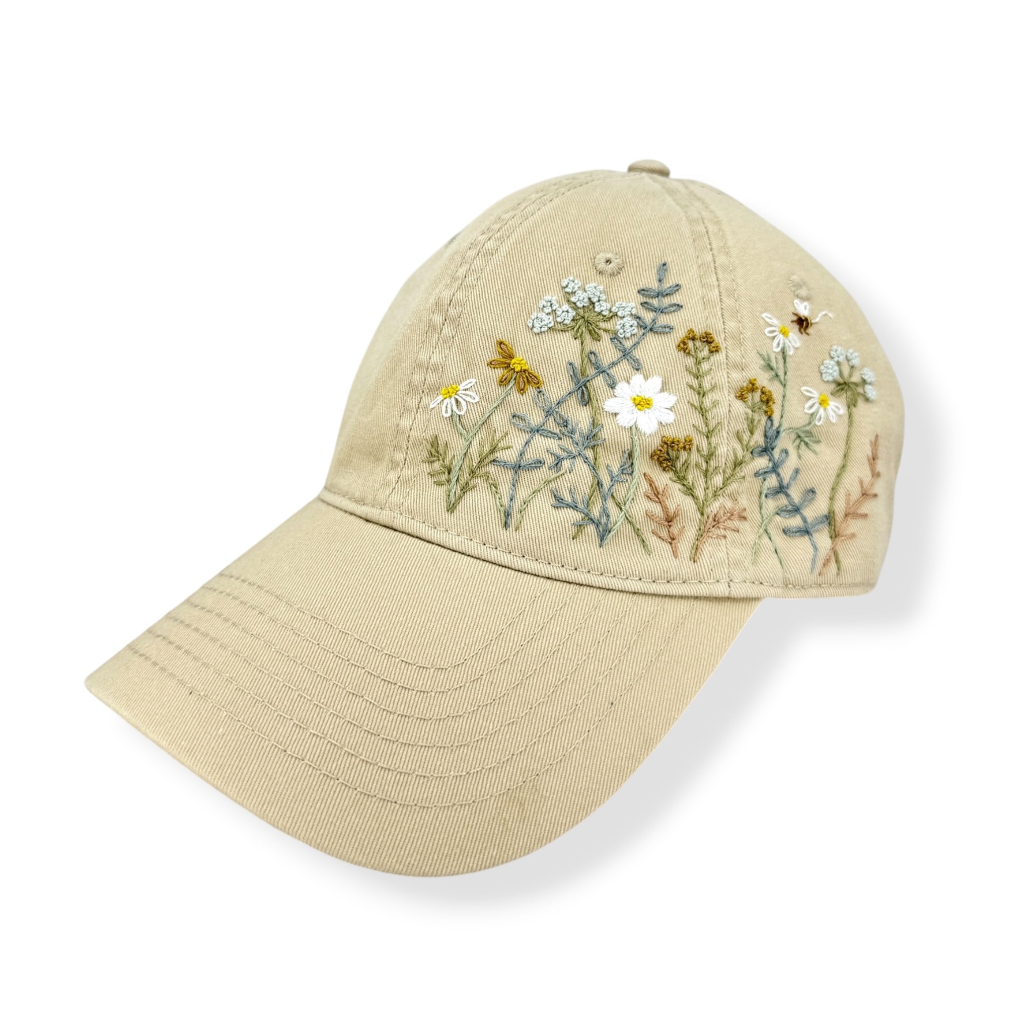 Wildflowers Bloom Hand Embroidered Khaki Cap