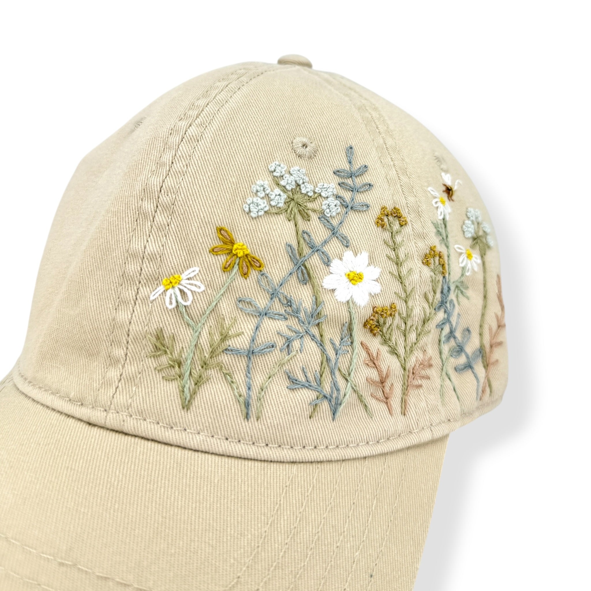 Wildflowers Bloom Hand Embroidered Khaki Cap