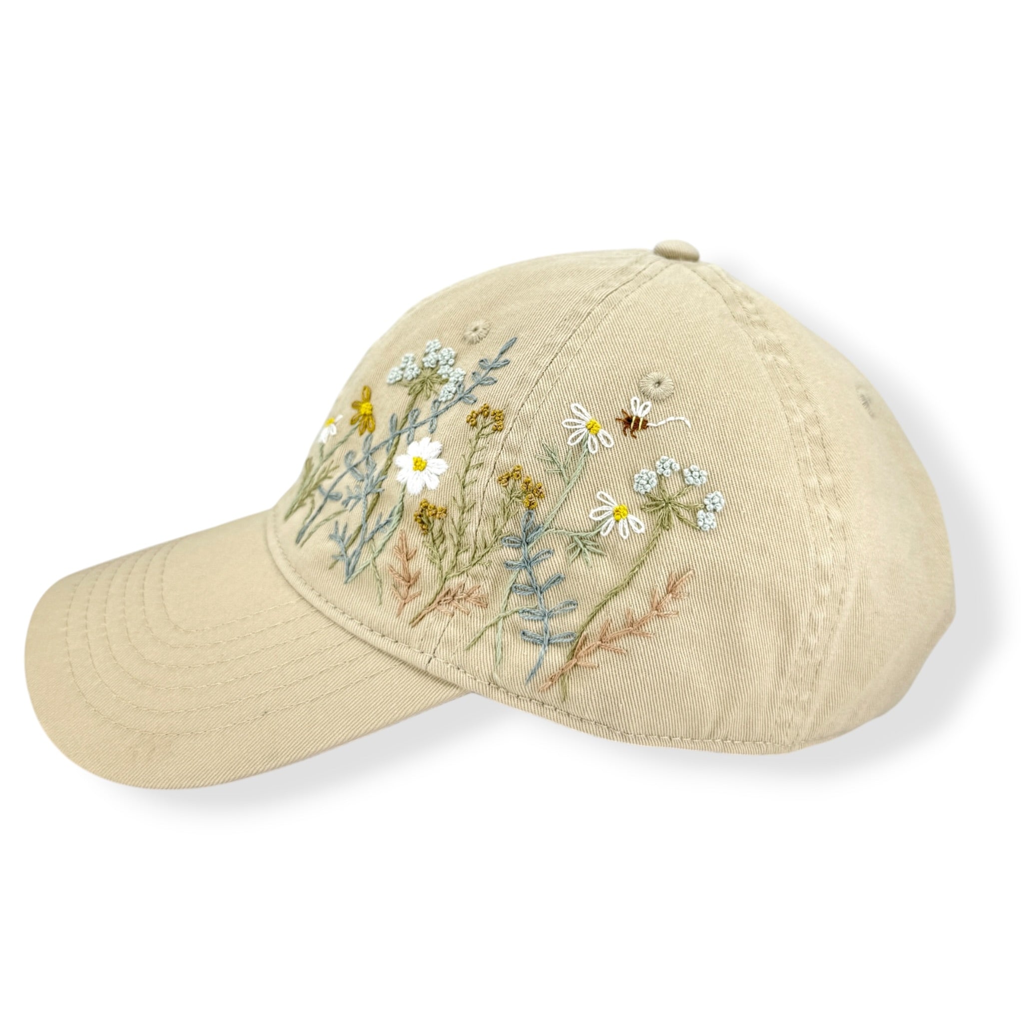 Wildflowers Bloom Hand Embroidered Khaki Cap