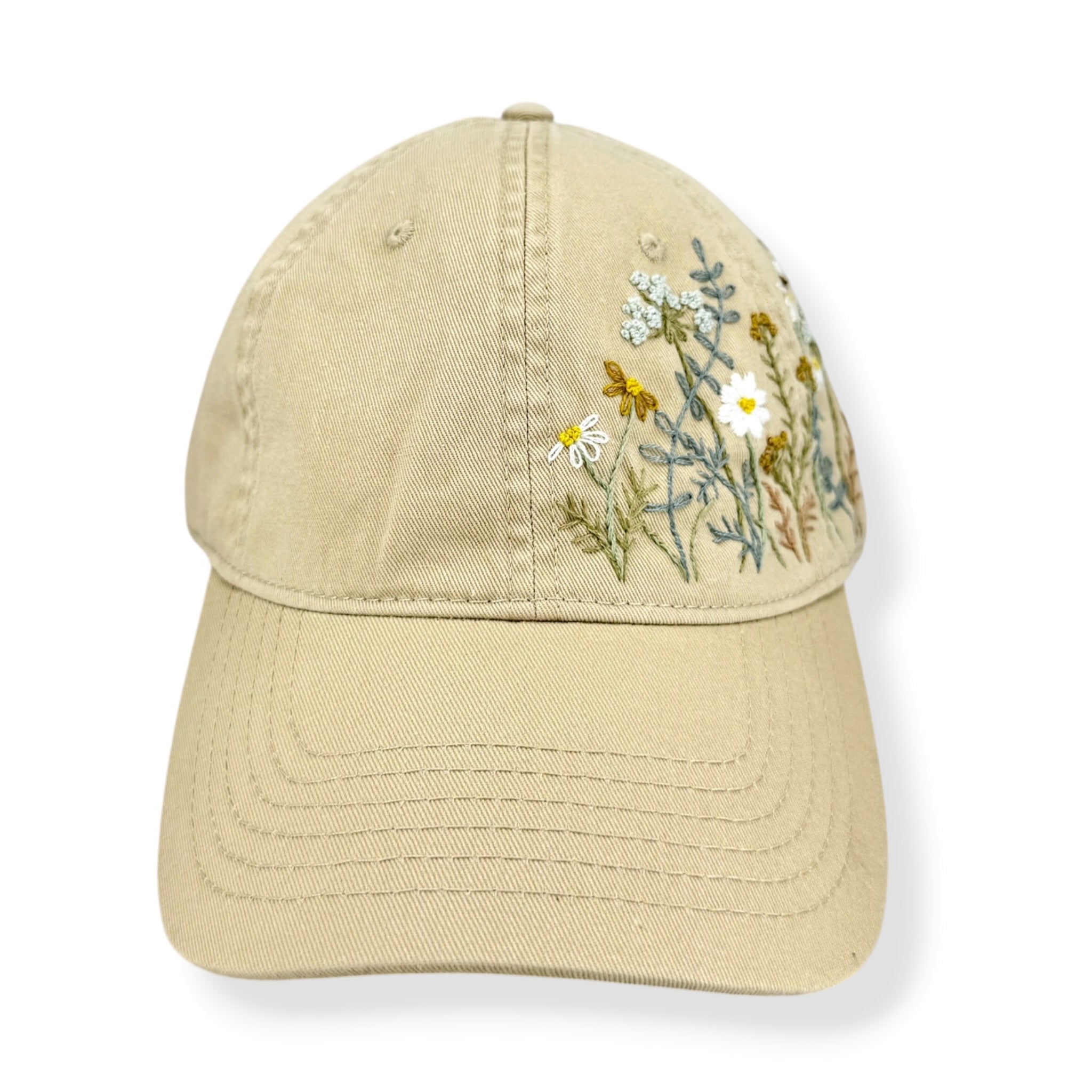 Wildflowers Bloom Hand Embroidered Khaki Cap