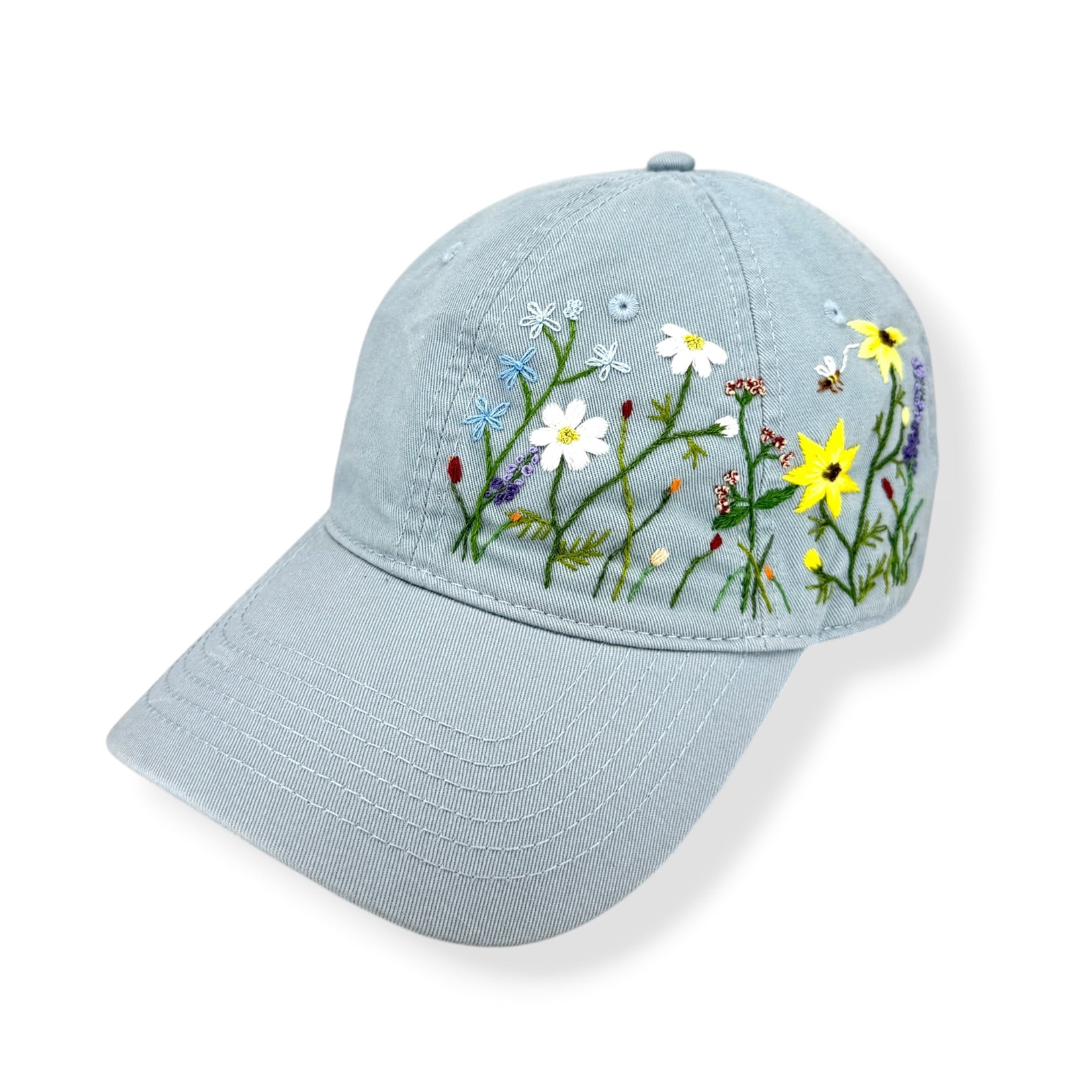 Daisy Lavender Embroidered Pale Sky Blue Cap