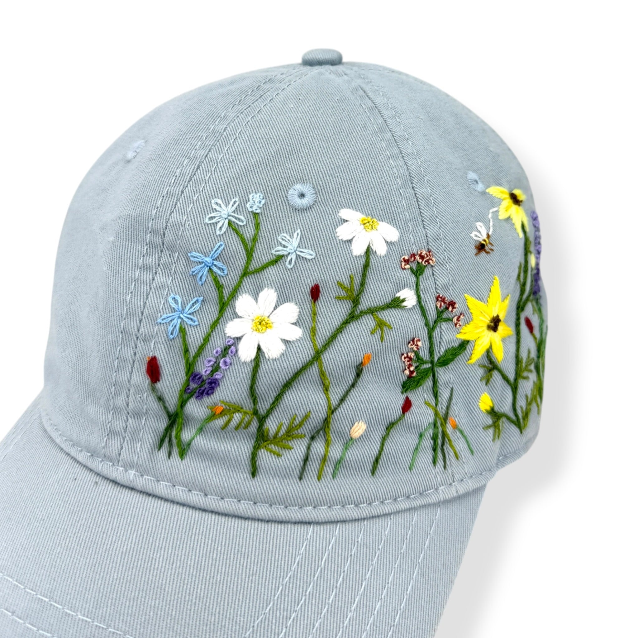 Daisy Lavender Embroidered Pale Sky Blue Cap