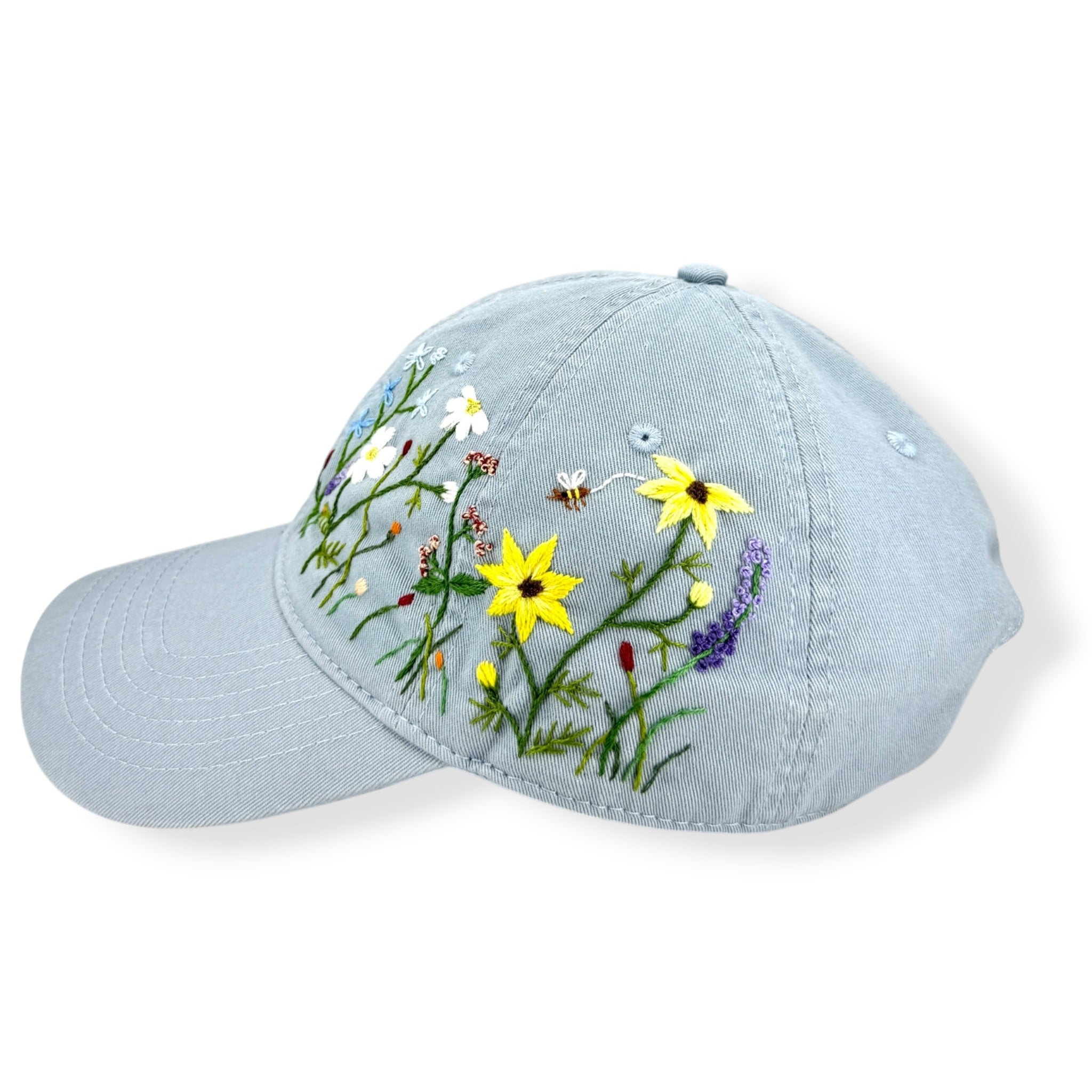 Daisy Lavender Embroidered Pale Sky Blue Cap