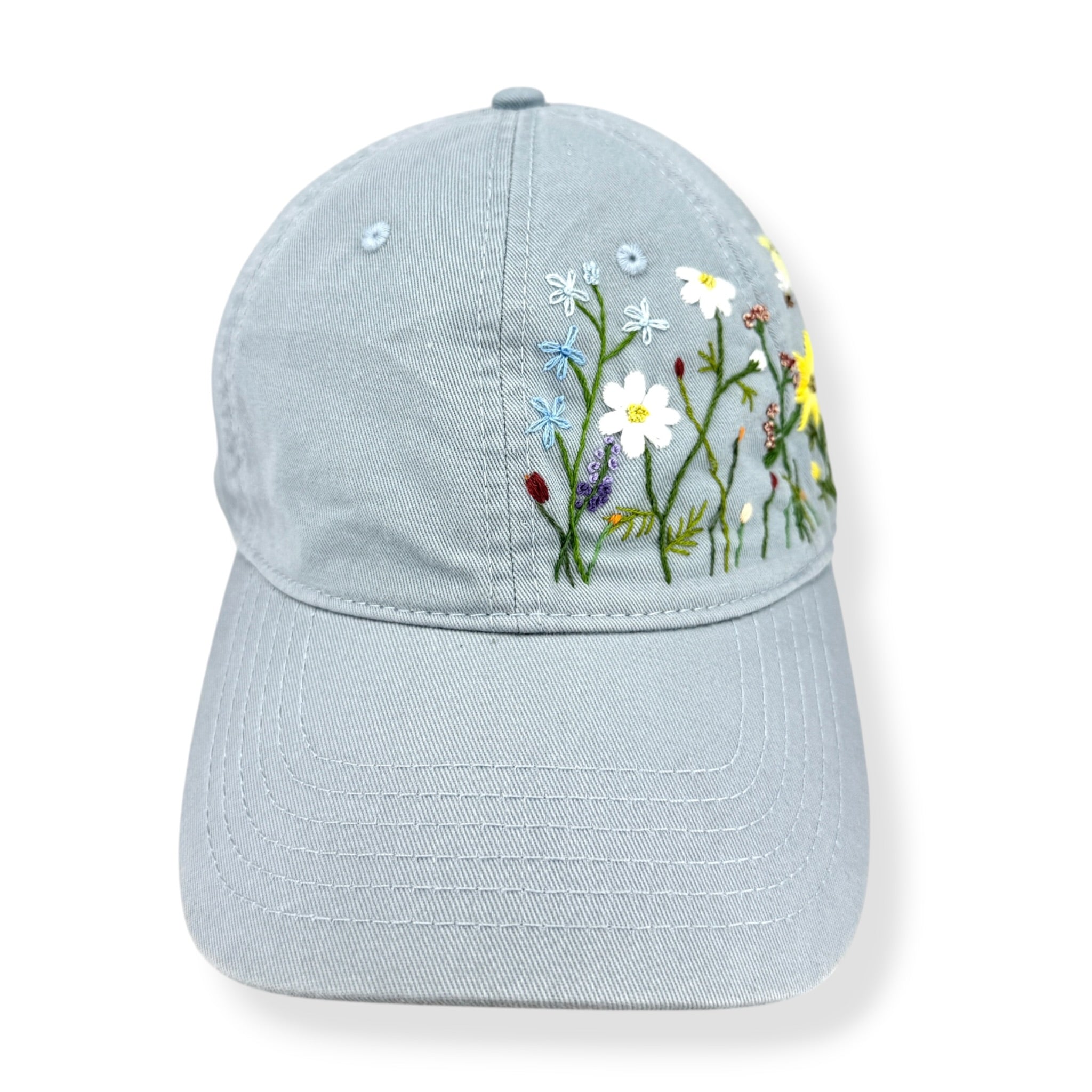 Daisy Lavender Embroidered Pale Sky Blue Cap