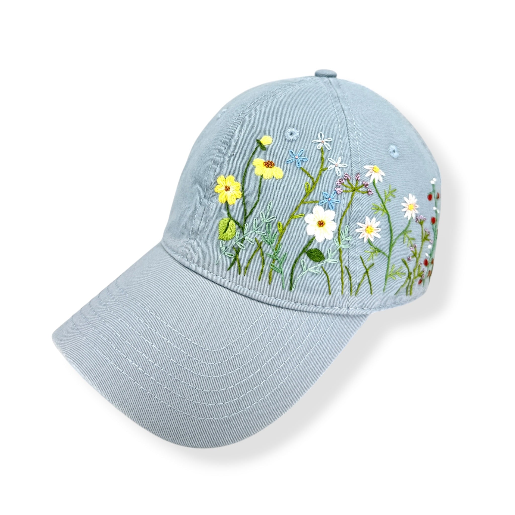 Yellow Daisies Embroidered Pale Sky Blue Cap