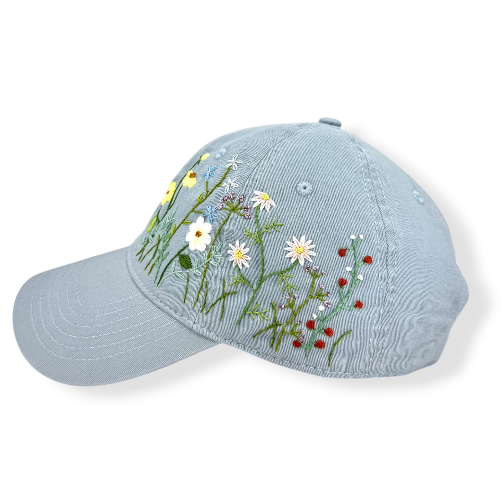 Yellow Daisies Embroidered Pale Sky Blue Cap