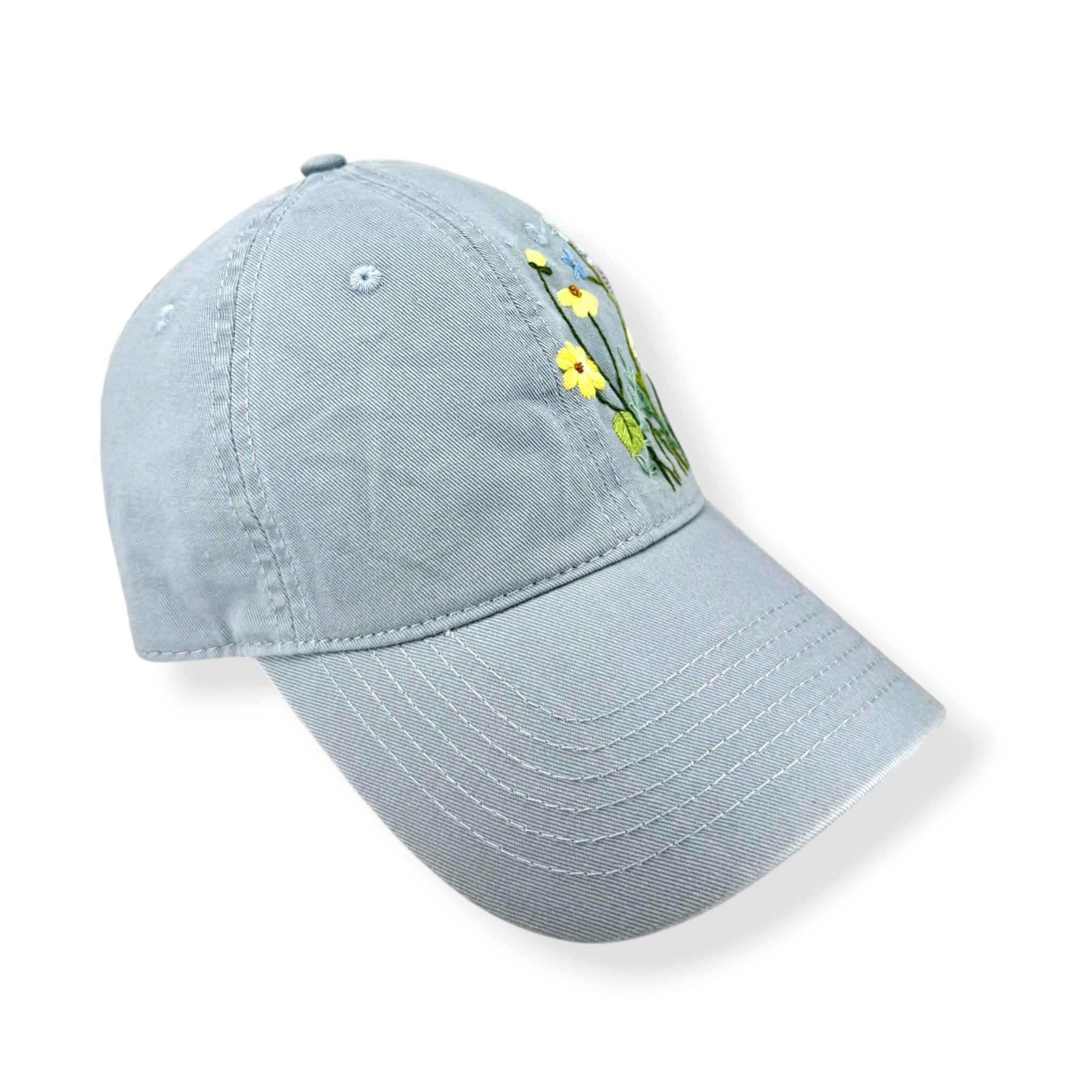 Yellow Daisies Embroidered Pale Sky Blue Cap