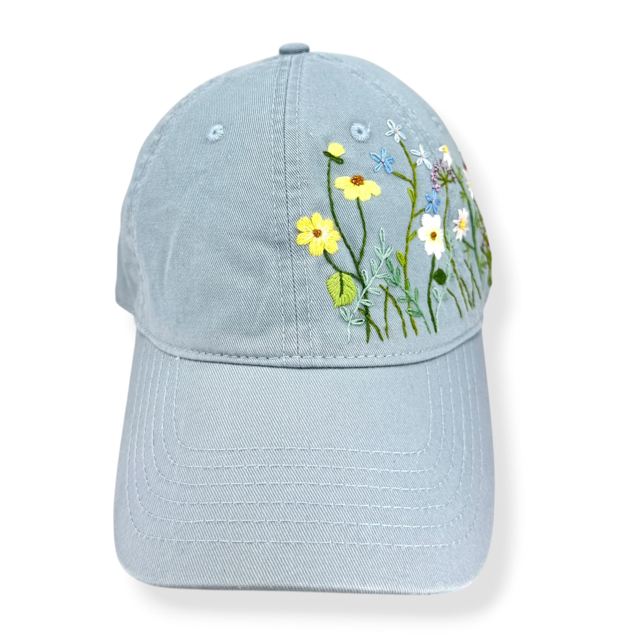 Yellow Daisies Embroidered Pale Sky Blue Cap