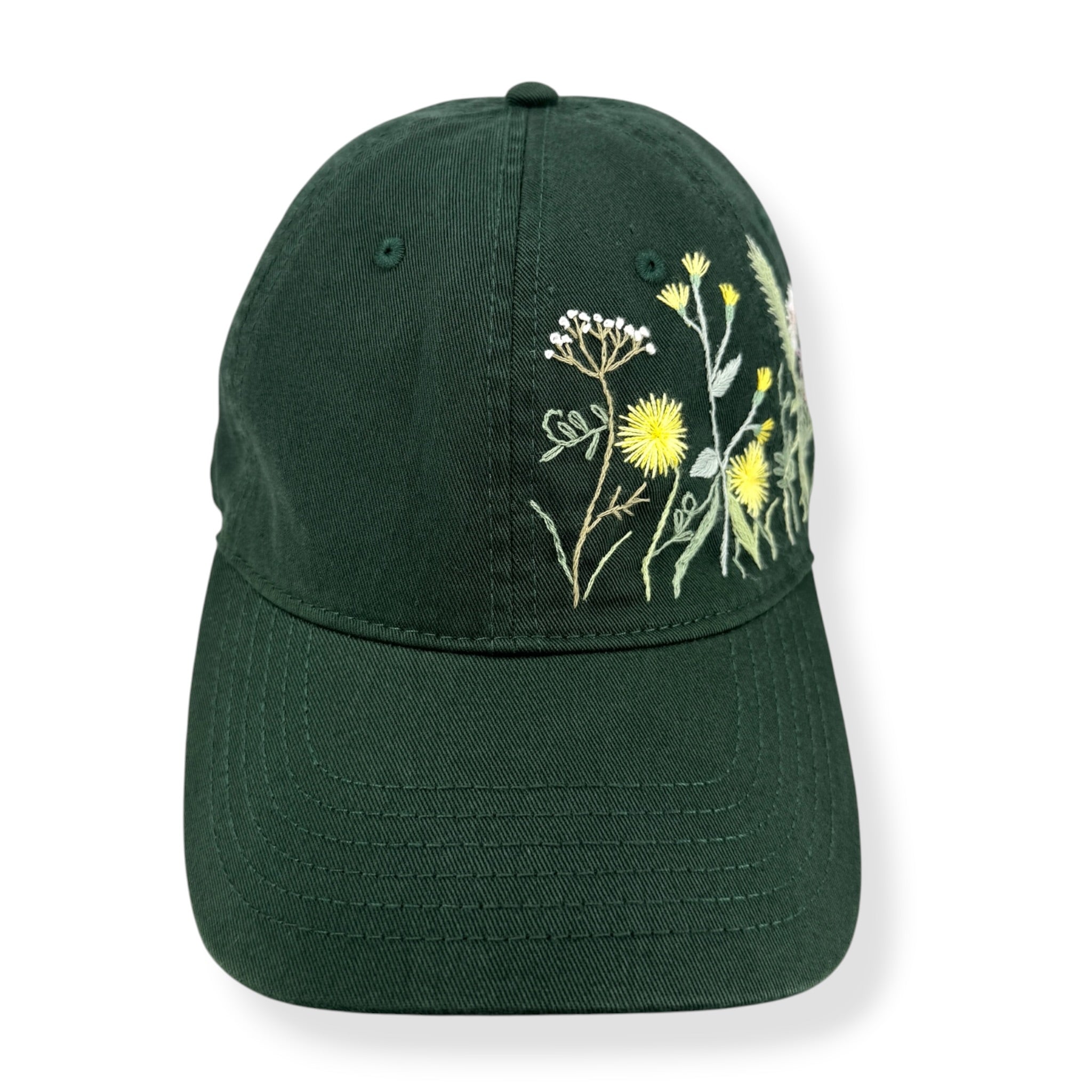 Forest Green Wildflower Embroidered Baseball Cap