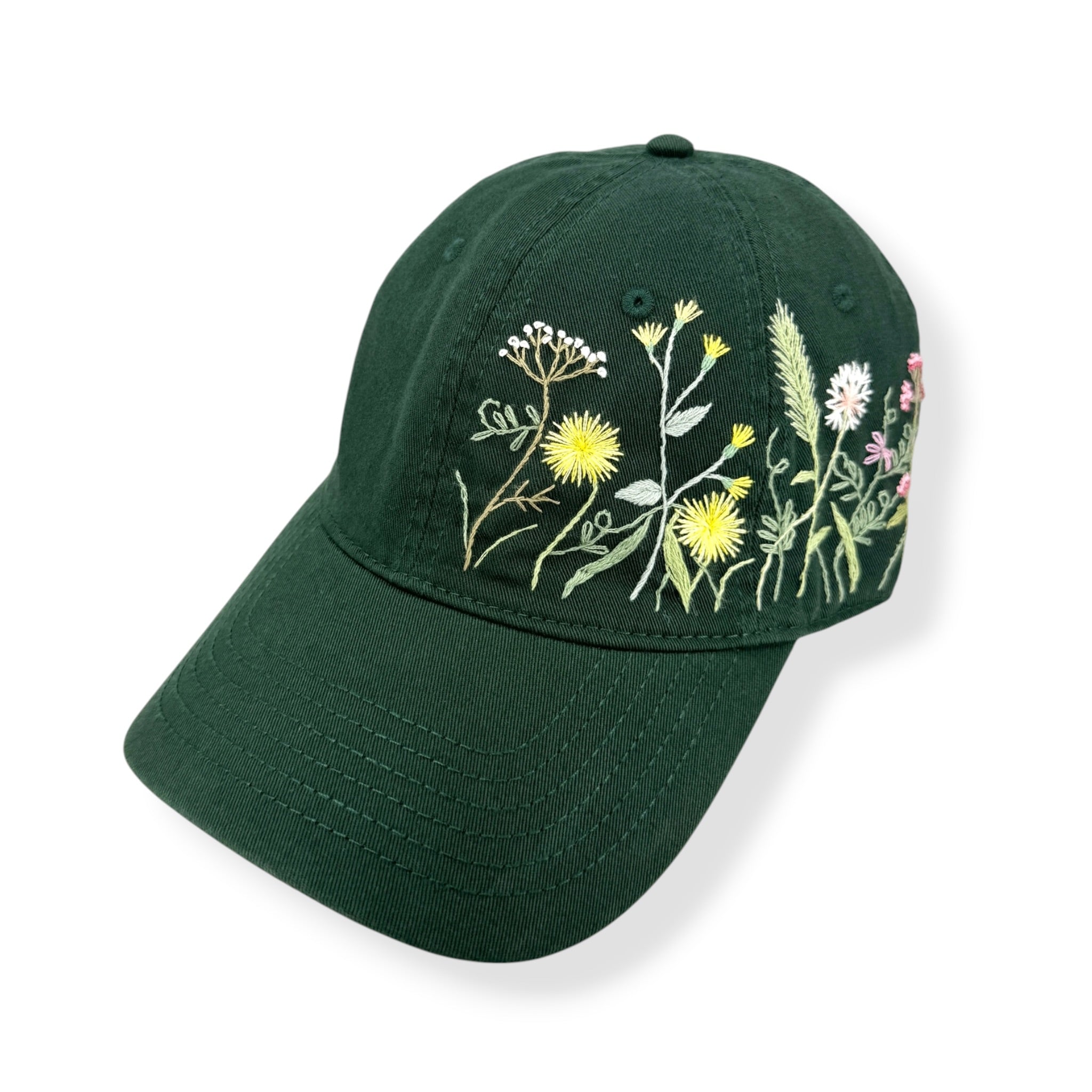 Forest Green Wildflower Embroidered Baseball Cap