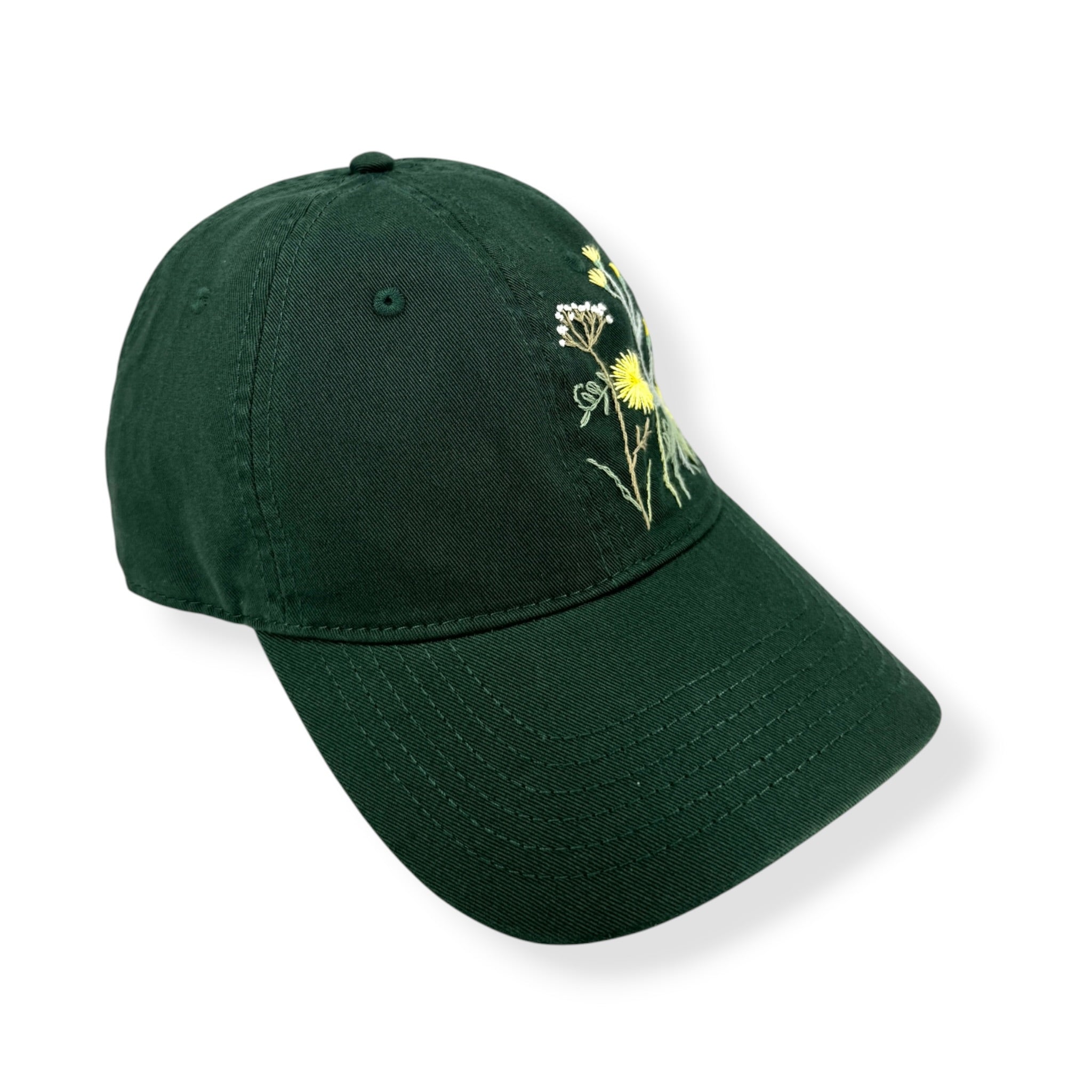 Forest Green Wildflower Embroidered Baseball Cap