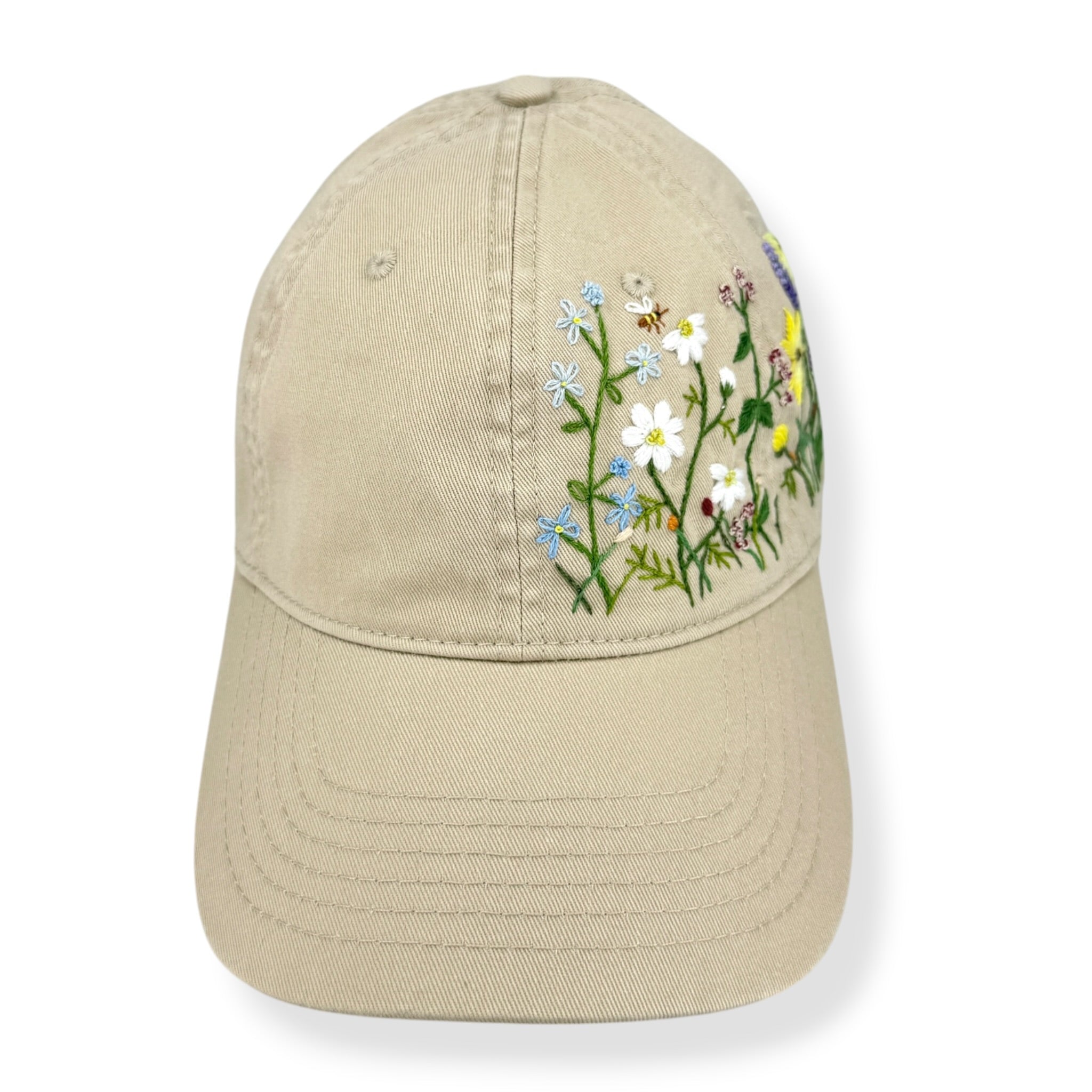 Daisy Lavender Hand Embroidered Khaki Cap