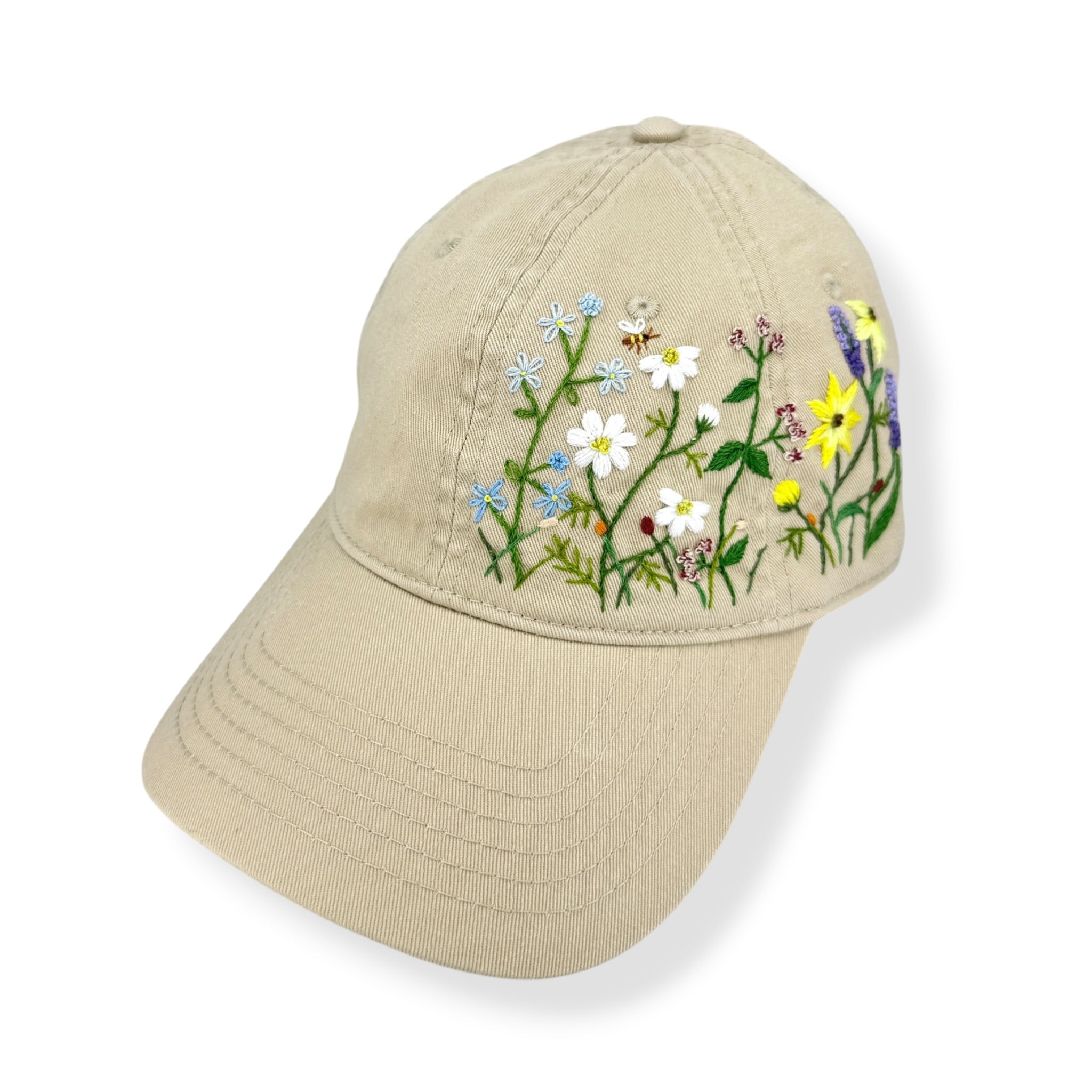 Daisy Lavender Hand Embroidered Khaki Cap