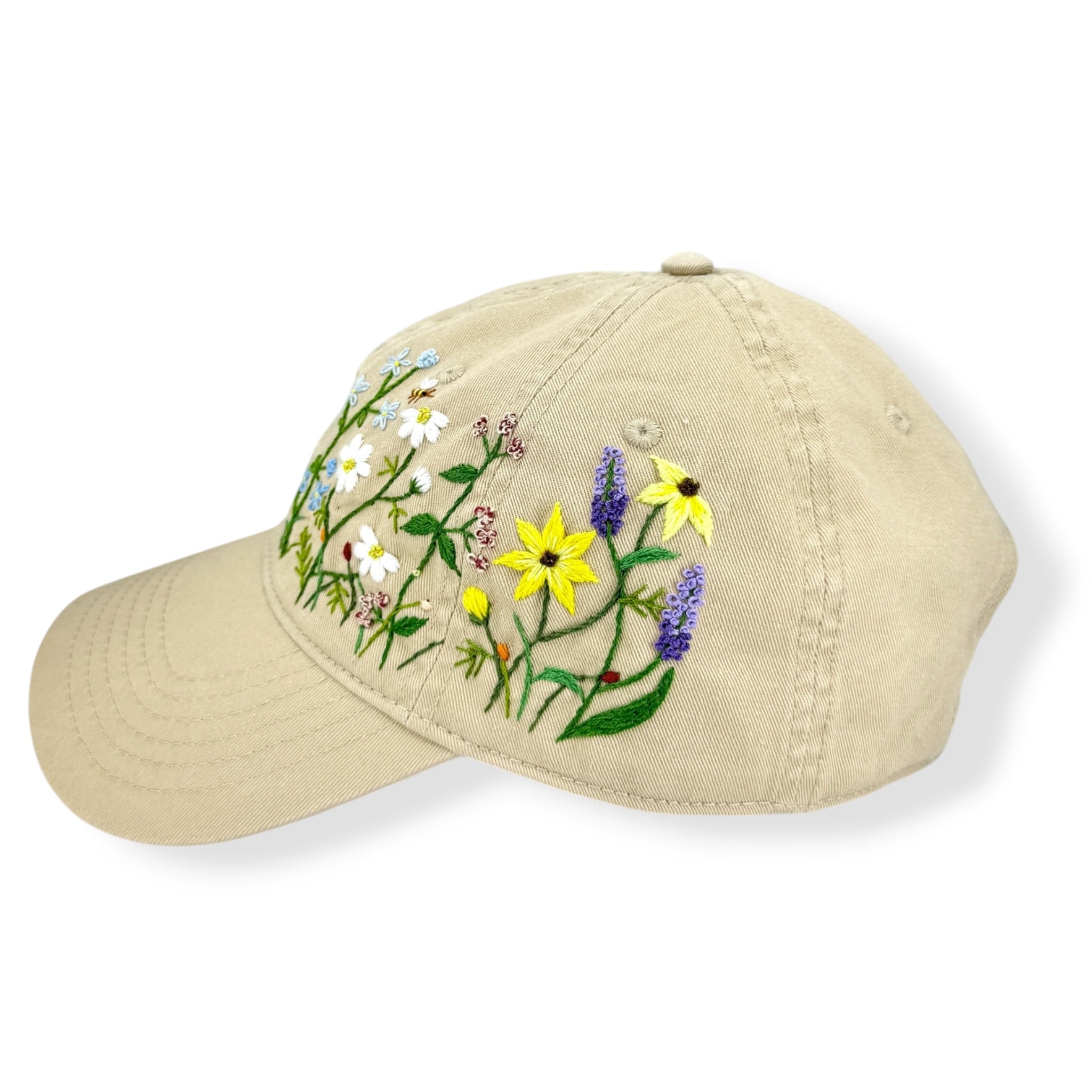 Daisy Lavender Hand Embroidered Khaki Cap