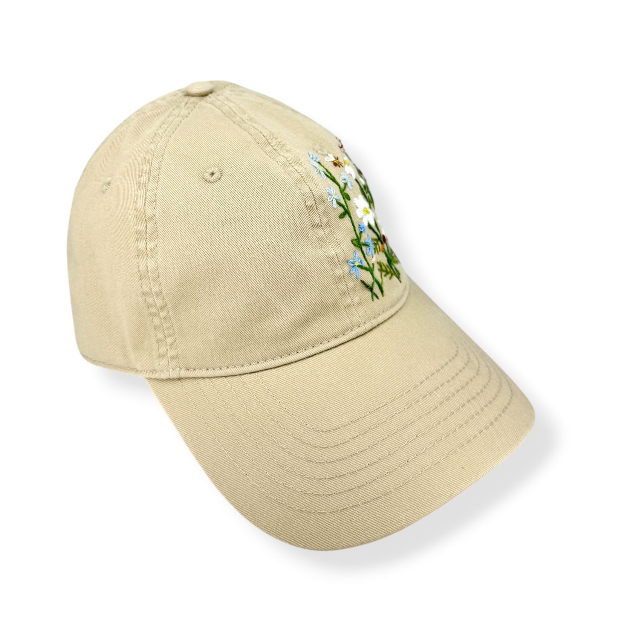 Daisy Lavender Hand Embroidered Khaki Cap