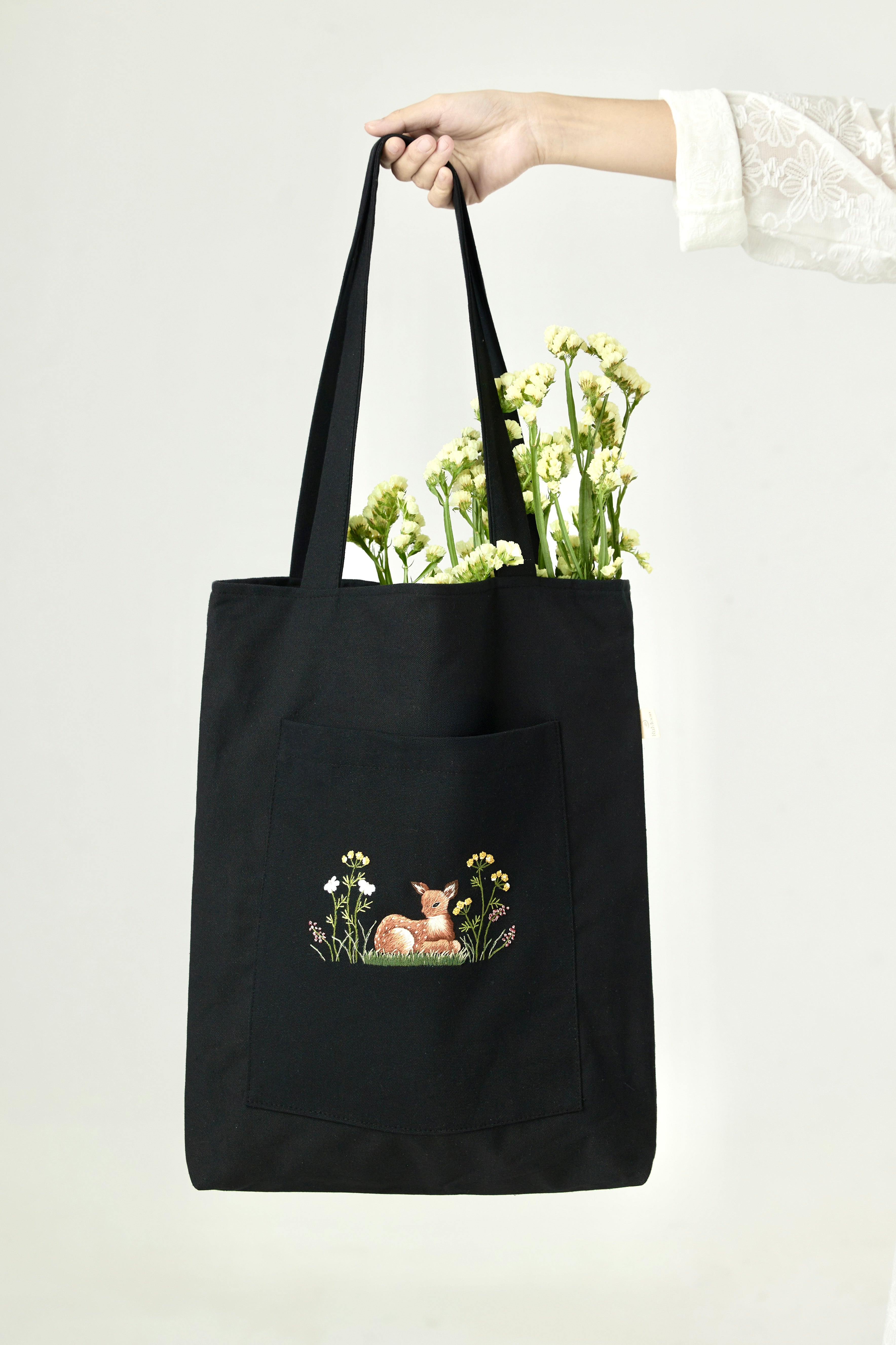 Little Deer Front Pocket Tote Bag Black