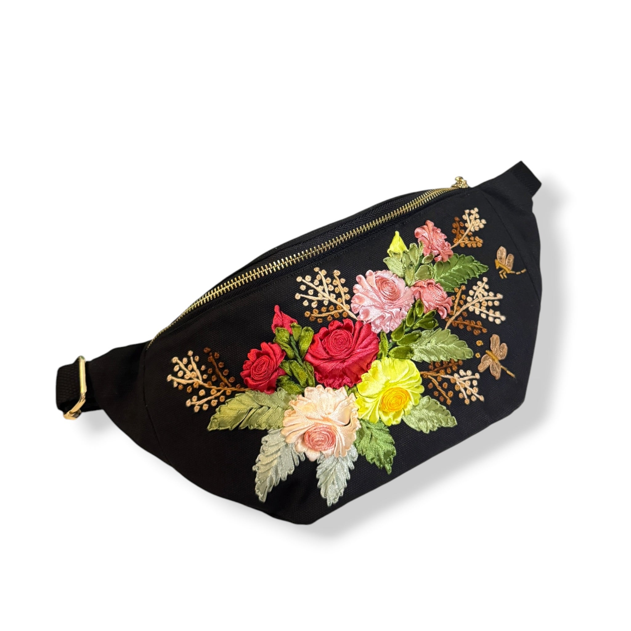 Vintage Roses Ribbon Embroidery Fanny Bag
