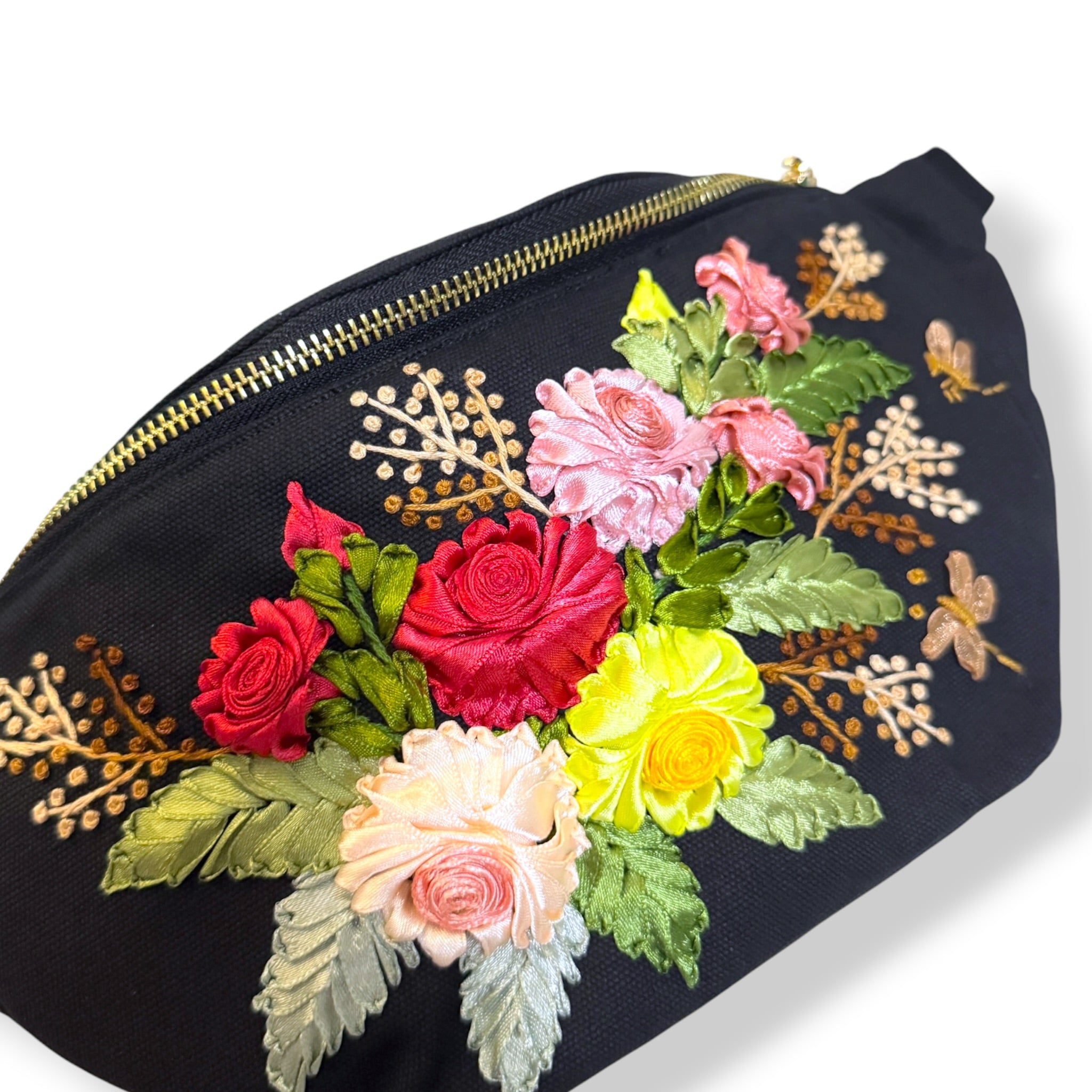 Vintage Roses Ribbon Embroidery Fanny Bag