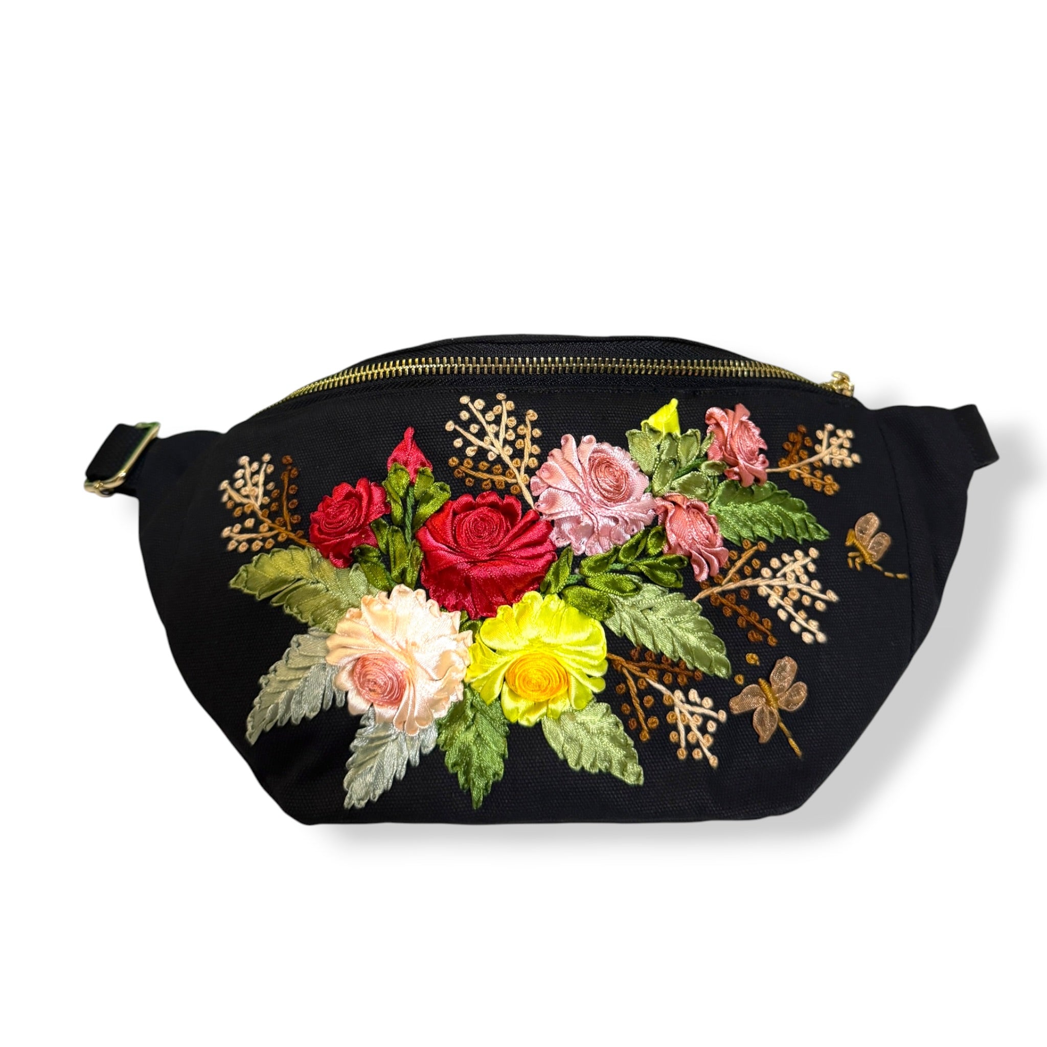 Vintage Roses Ribbon Embroidery Fanny Bag