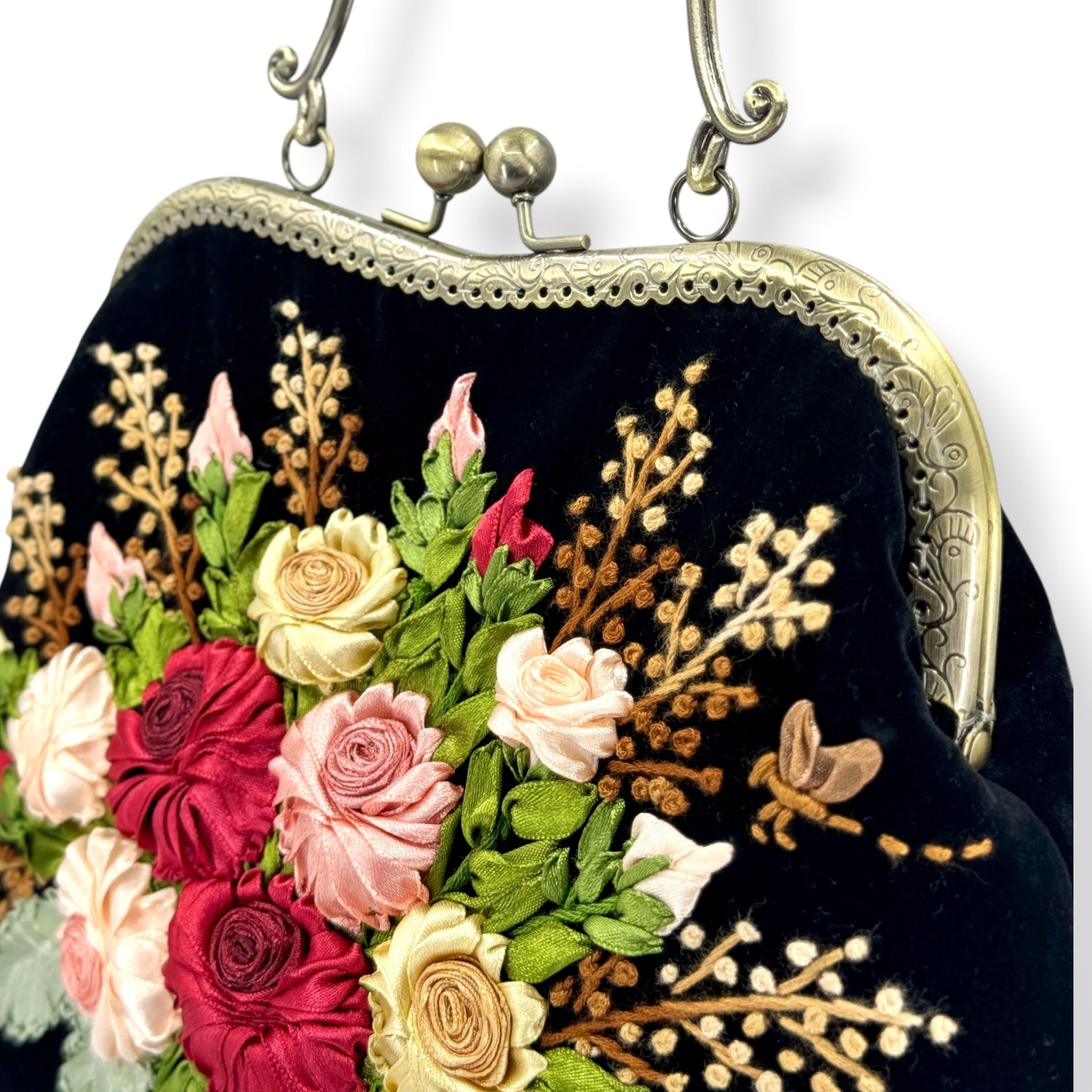 Ruby Roses Bouquet Velvet Ribbon Embroidery Clutch Bag