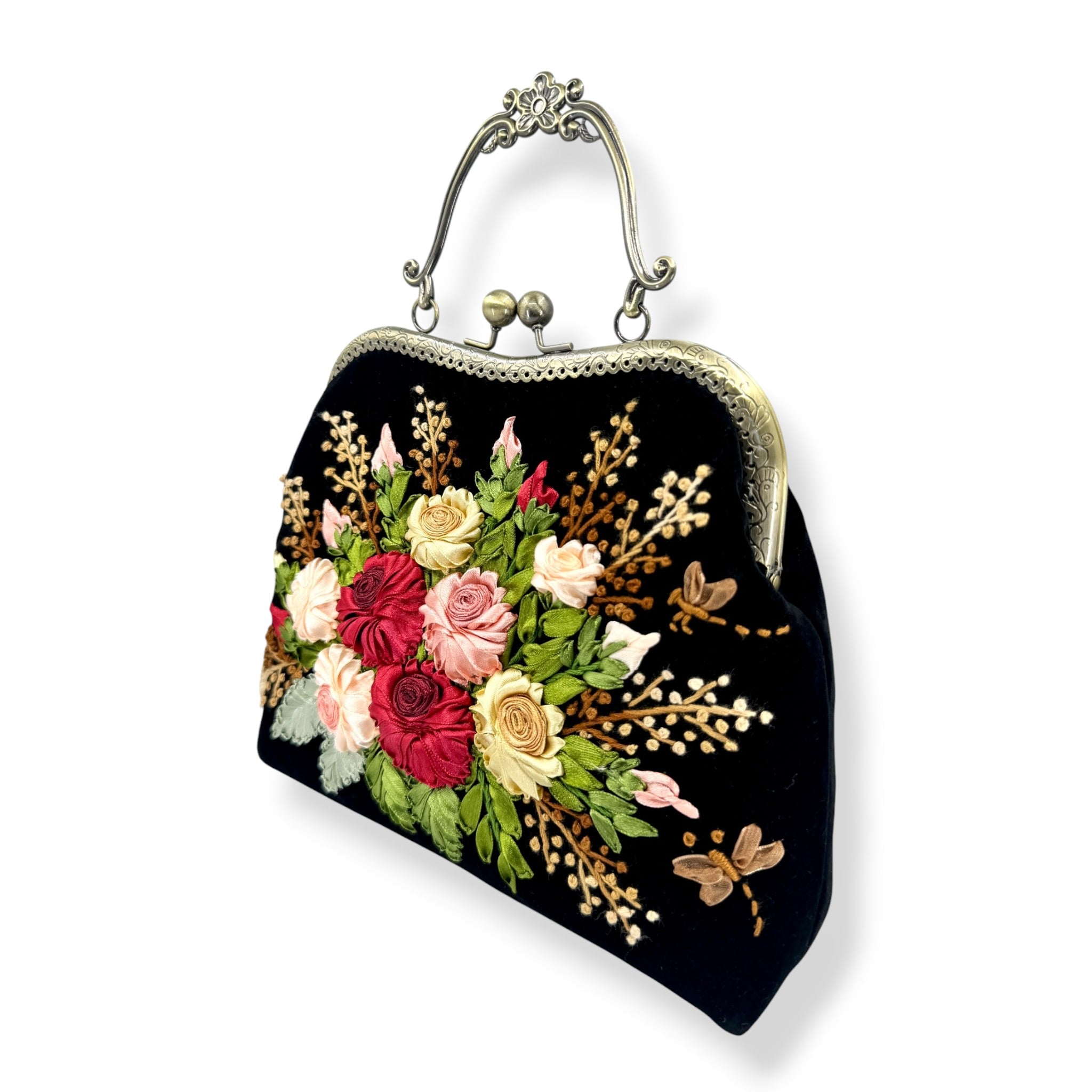 Ruby Roses Bouquet Velvet Ribbon Embroidery Clutch Bag