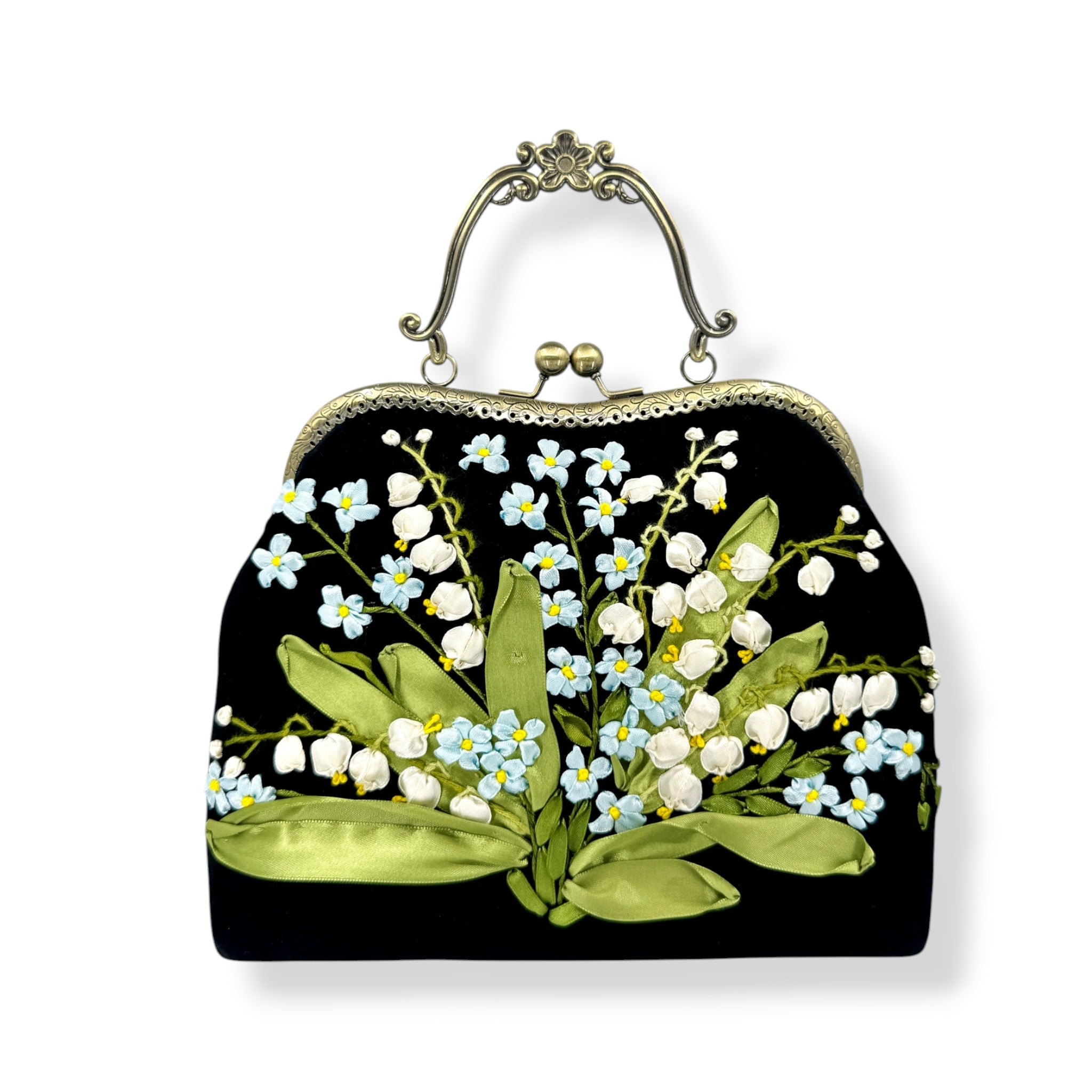Forget Me Not Ribbon Embroidery Clutch Velvet Bag