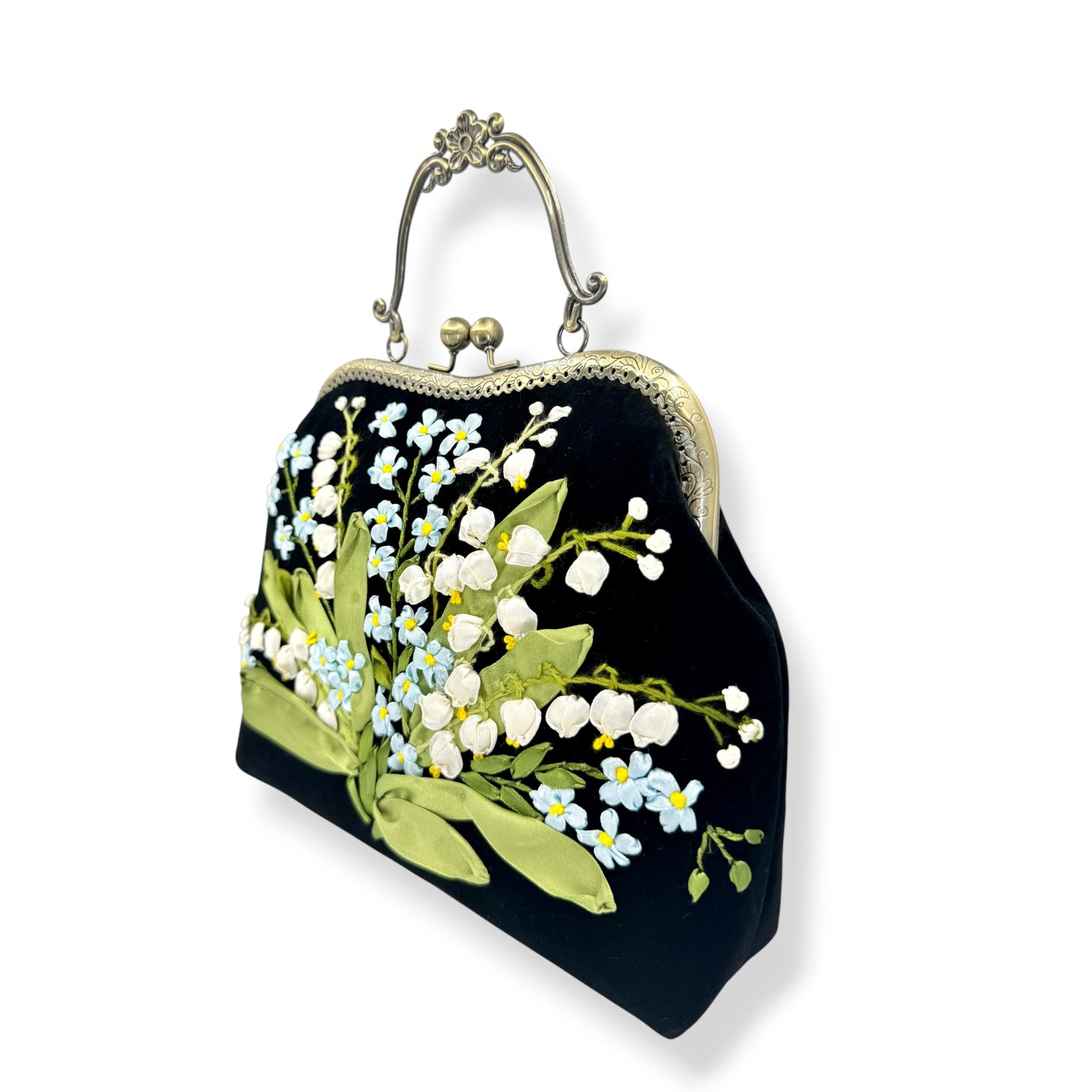 Forget Me Not Ribbon Embroidery Clutch Velvet Bag