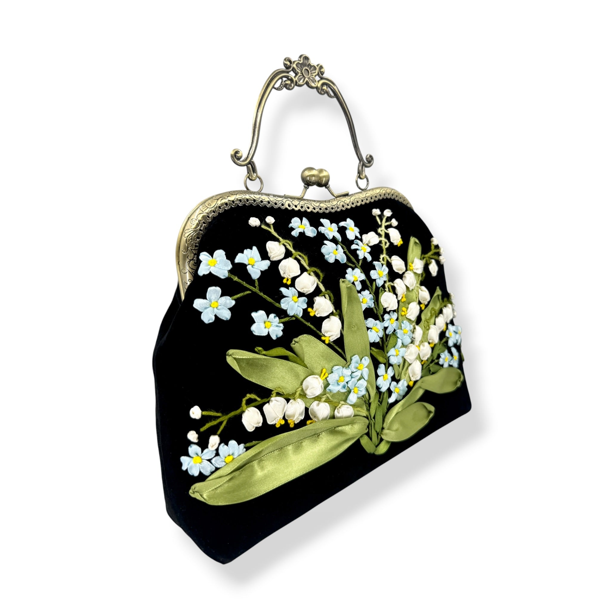Forget Me Not Ribbon Embroidery Clutch Velvet Bag