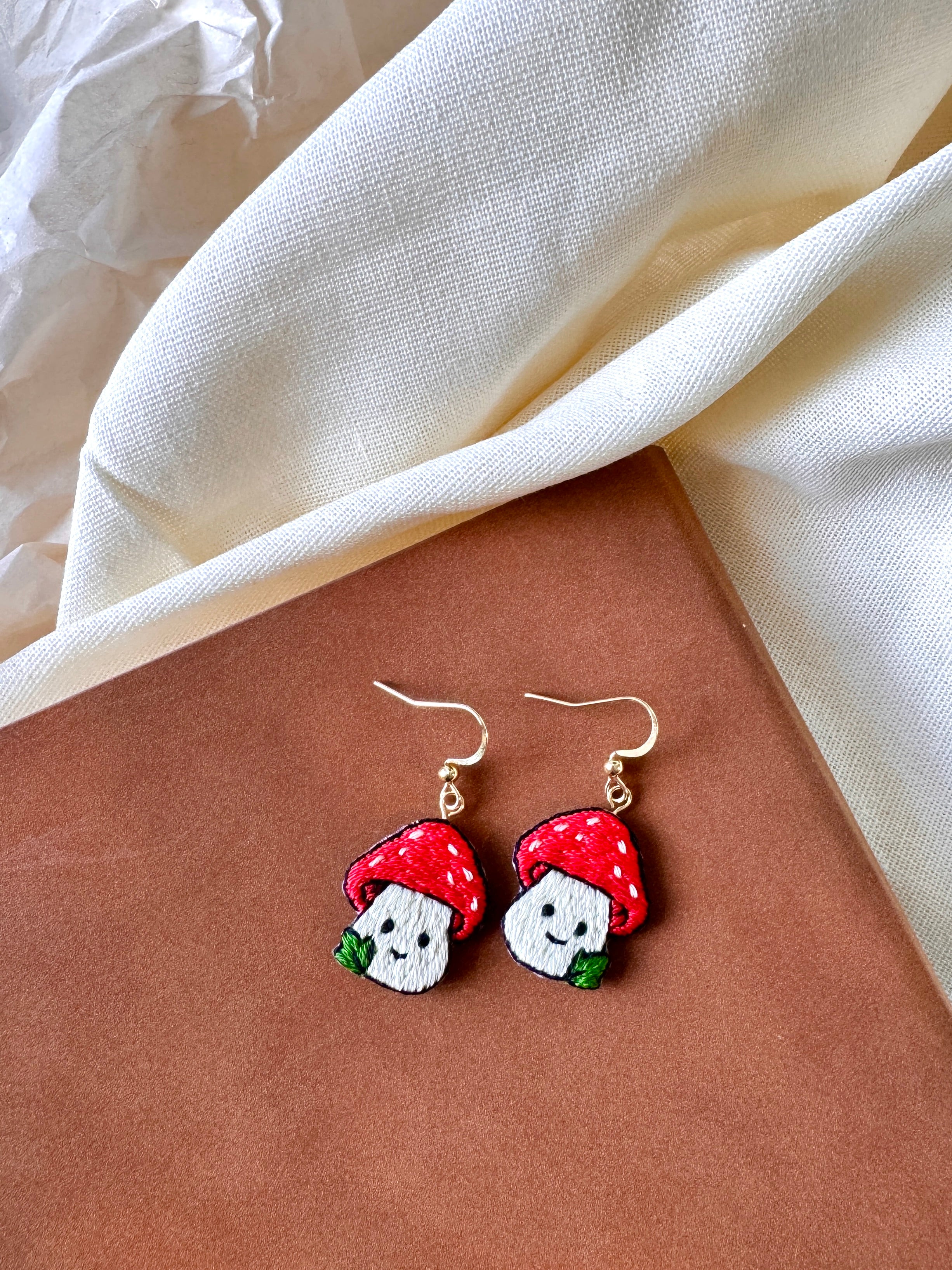 Mushroom Hand Embroidered Earrings