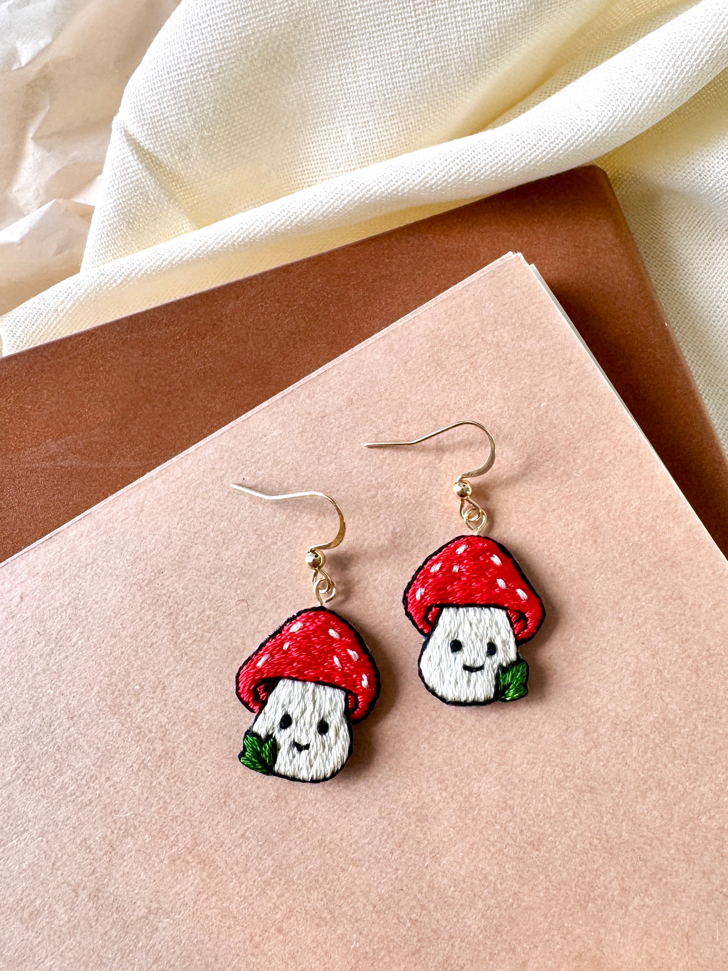 Mushroom Hand Embroidered Earrings