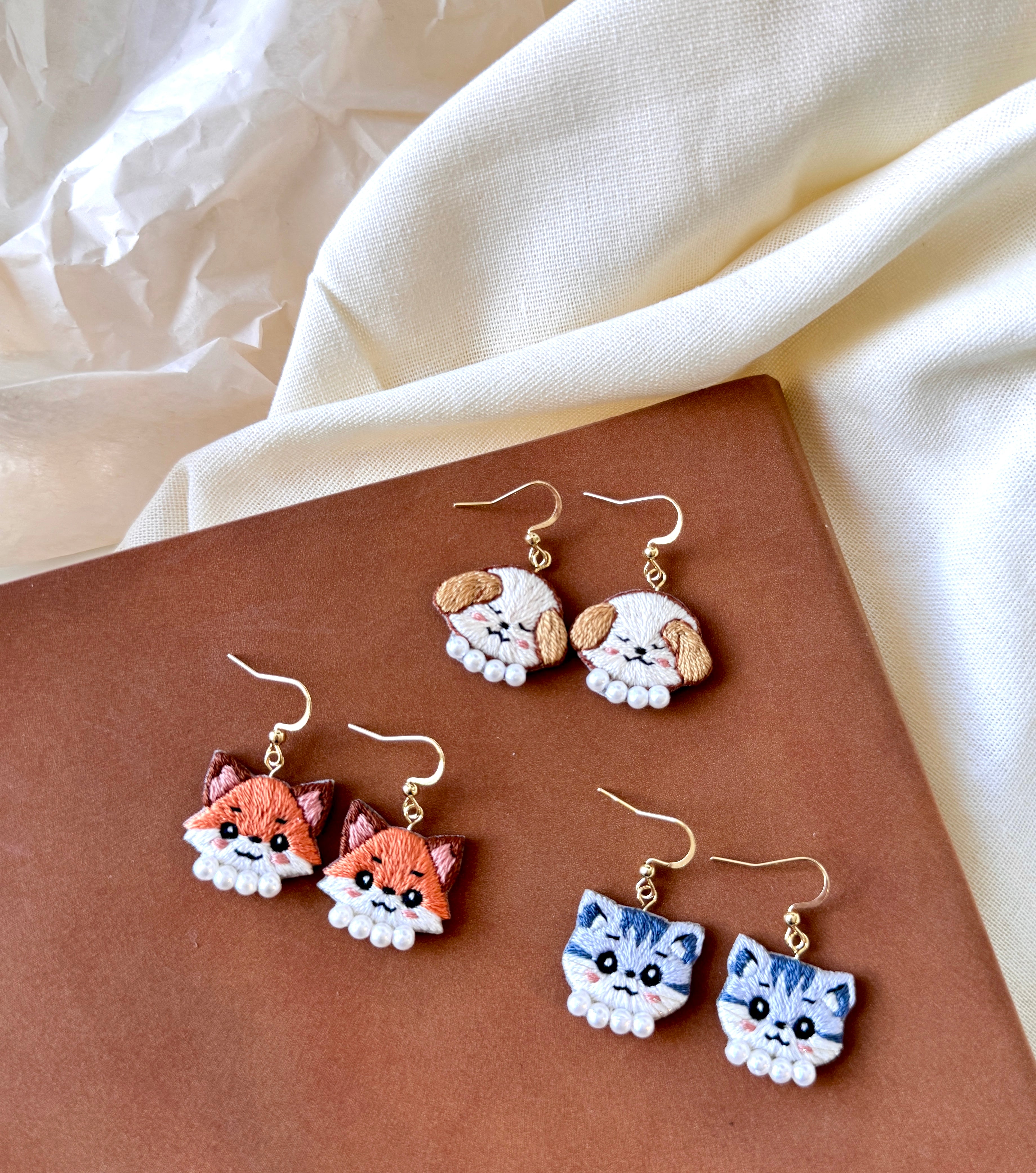 Little Fox Hand Embroidered Earrings