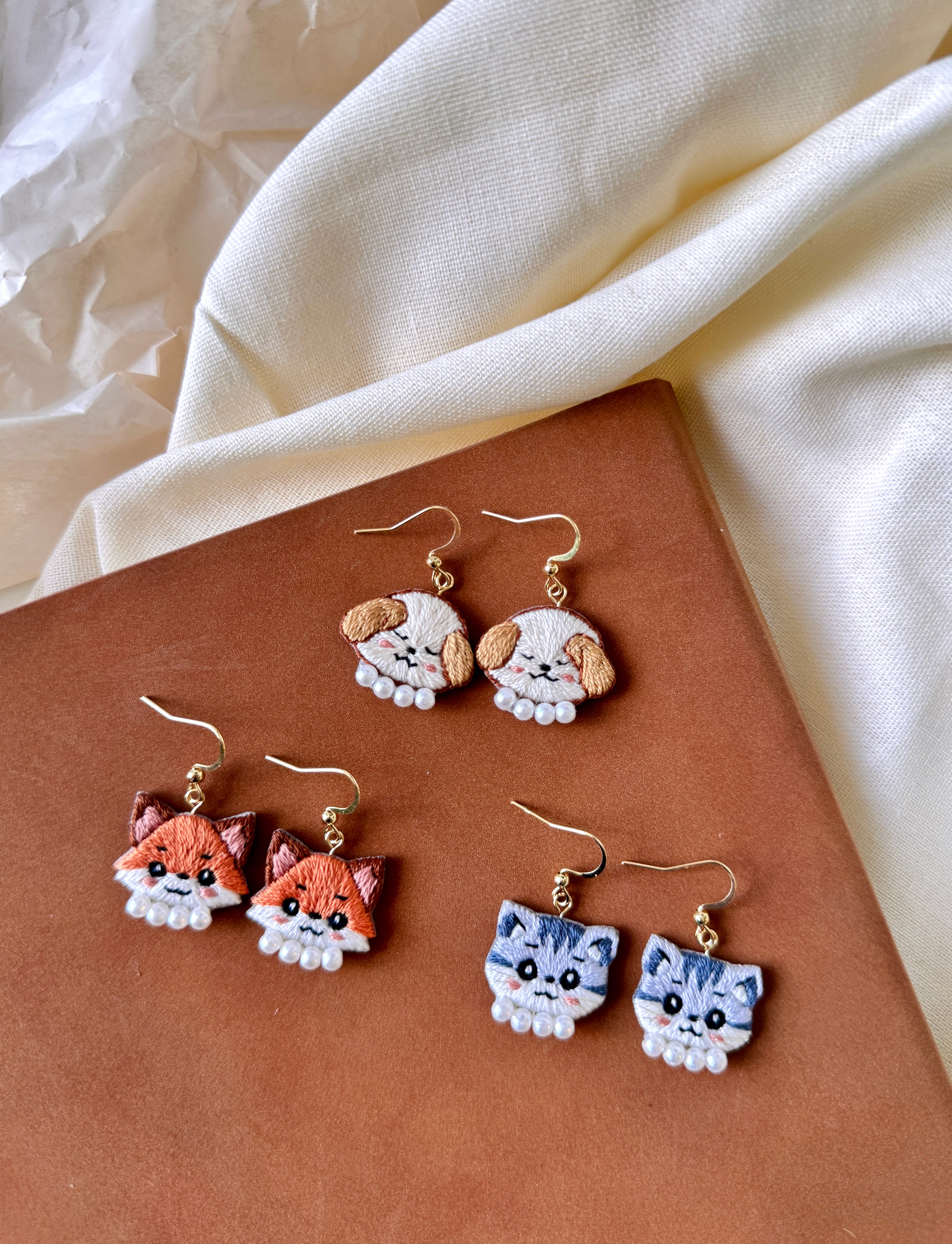 Grey Tabby Cat Hand Embroidered Earrings