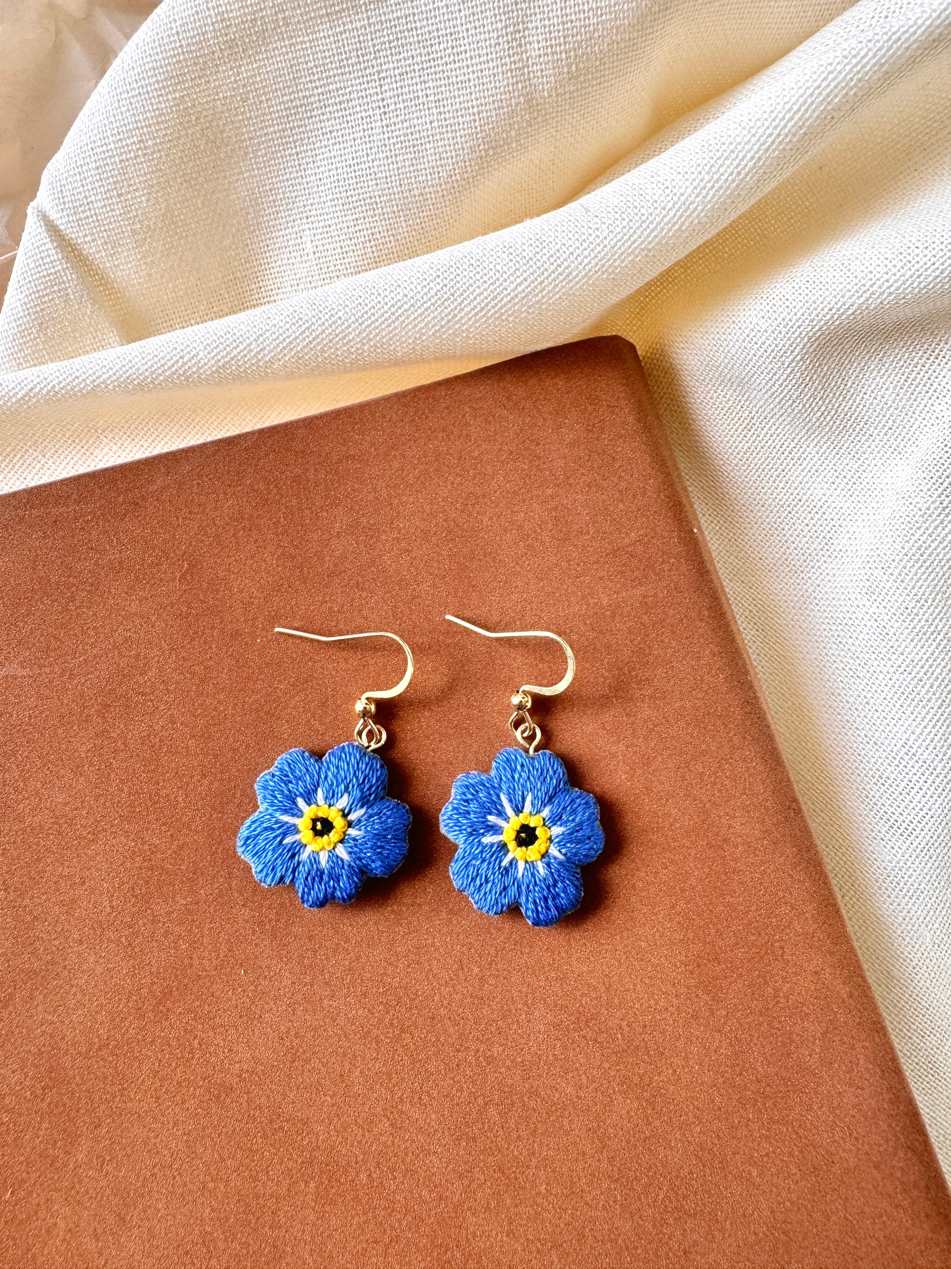 Forget Me Not Hand Embroidered Earrings